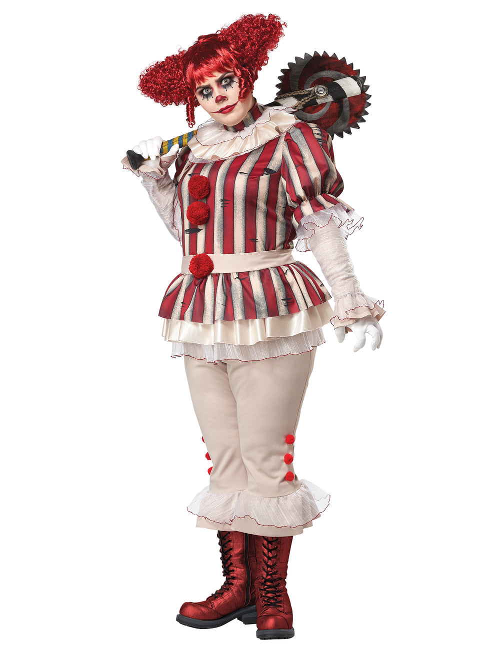 Déguisement de clown psycho luxe pour femme rayé rouge et beige avec pompons