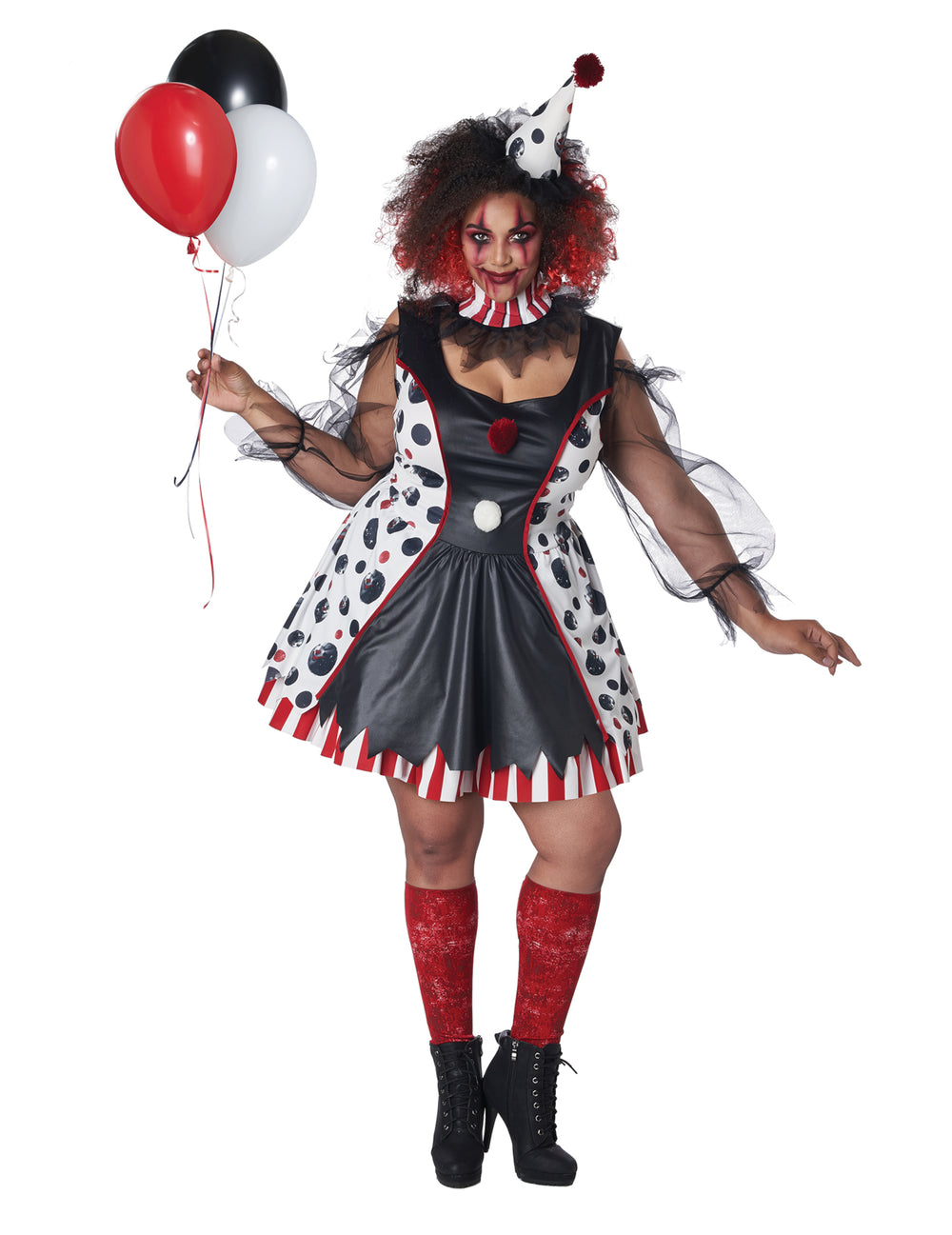Déguisement clown psycho robe pour femme noir blanc et rouge à pois