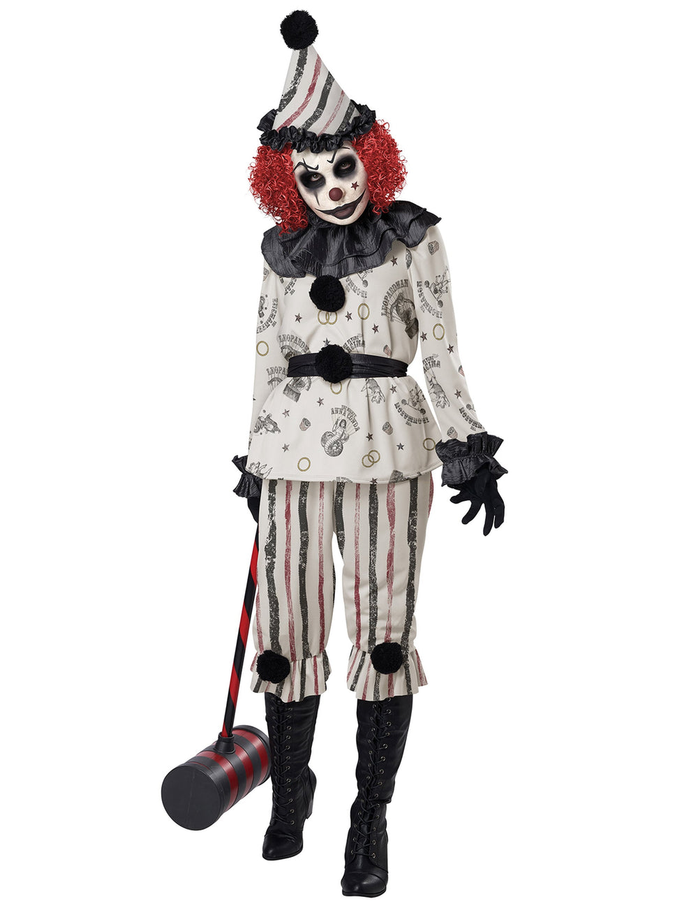 Déguisement de clown sinistre luxe pour femme blanc cassé à rayures avec collerette noire et chapeau