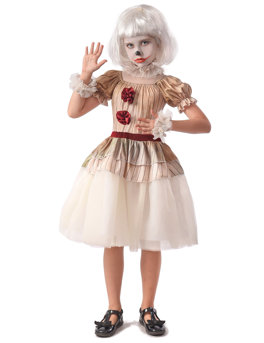 Déguisement clown terrifiant pour fille beige et blanc à rayures