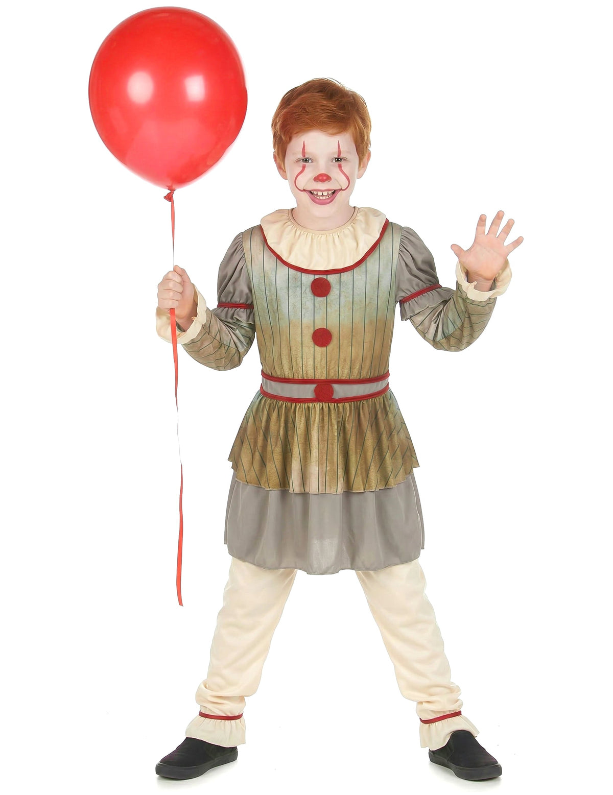 Déguisement de clown terrifiant pour garçon gris avec ballon et pompons rouges