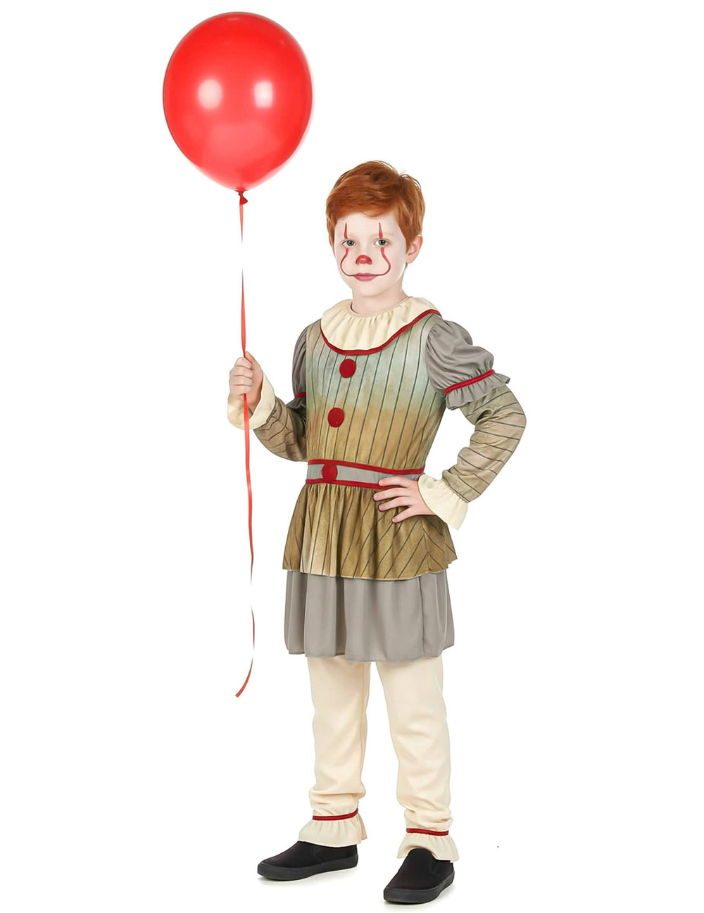Vue d'ensemble avec ballon rouge du déguisement de clown terrifiant