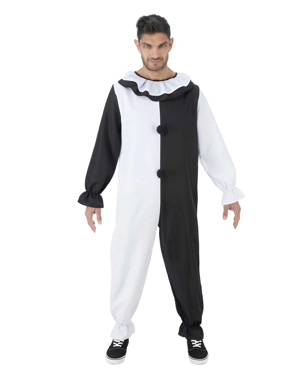 Vue de face de la combinaison du déguisement clown Terrifier pour adulte