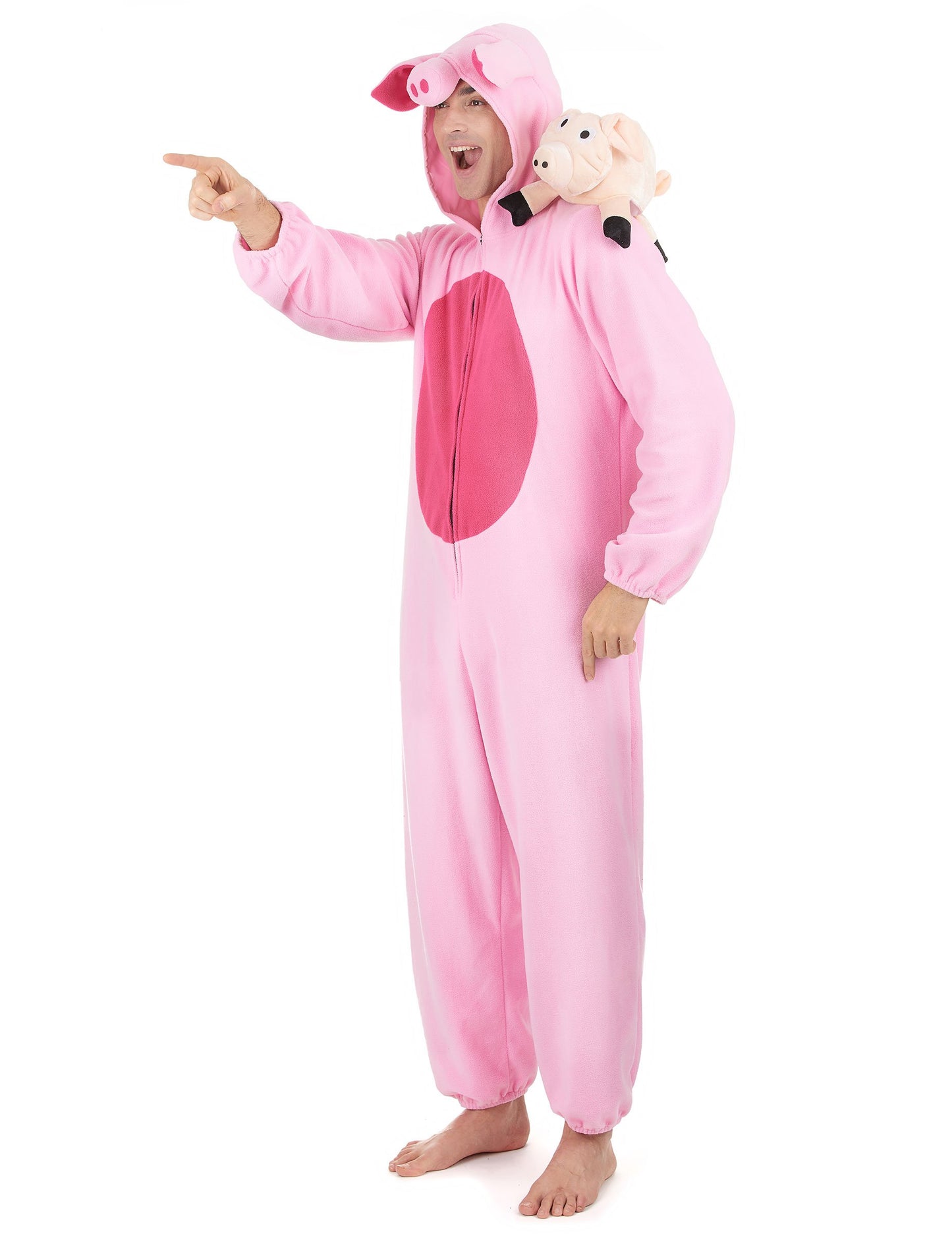 Vue de profil avec peluche sur l'épaule du déguisement cochon pour homme