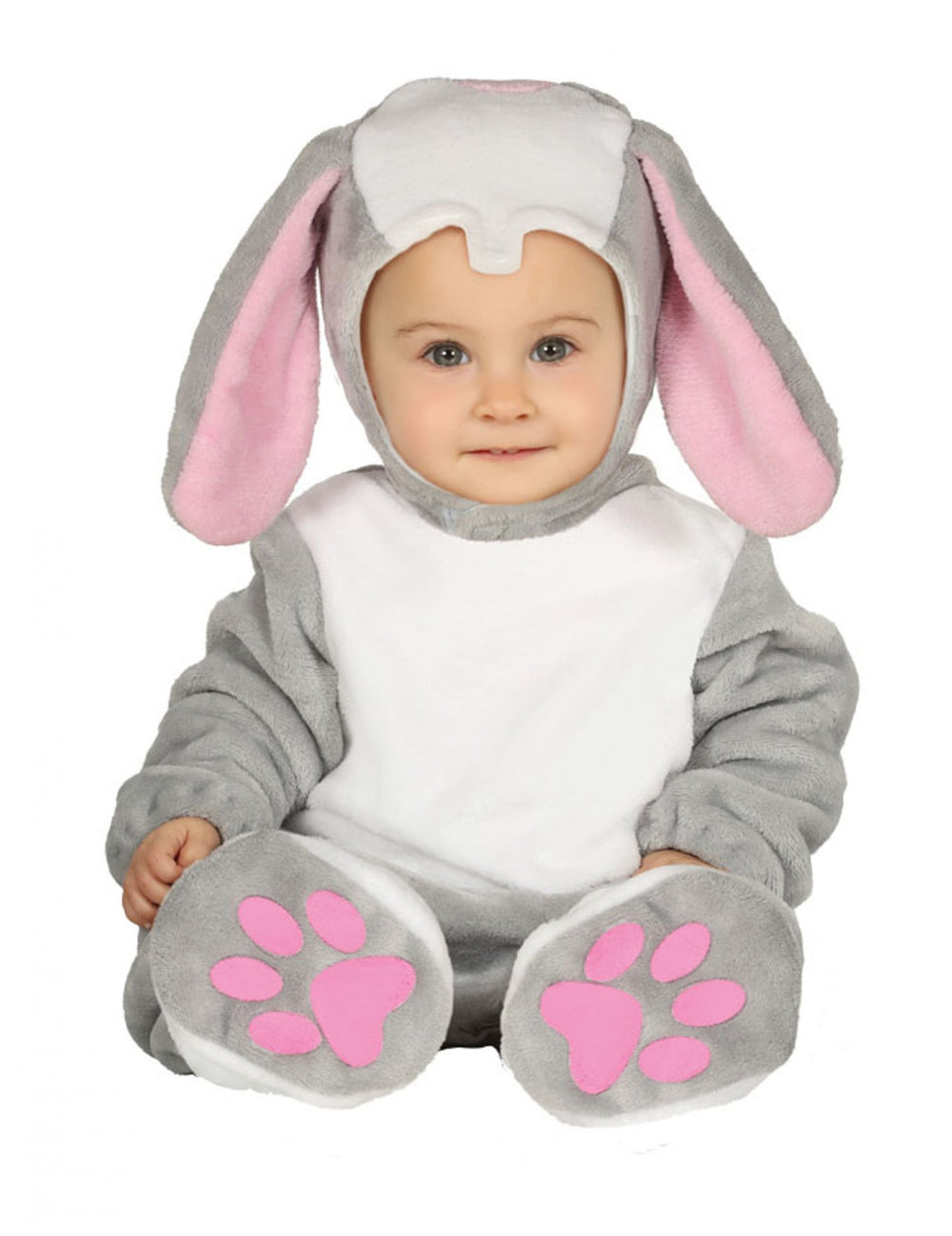 Déguisement combinaison avec capuche lapin pour bébé gris et blanc avec détails roses
