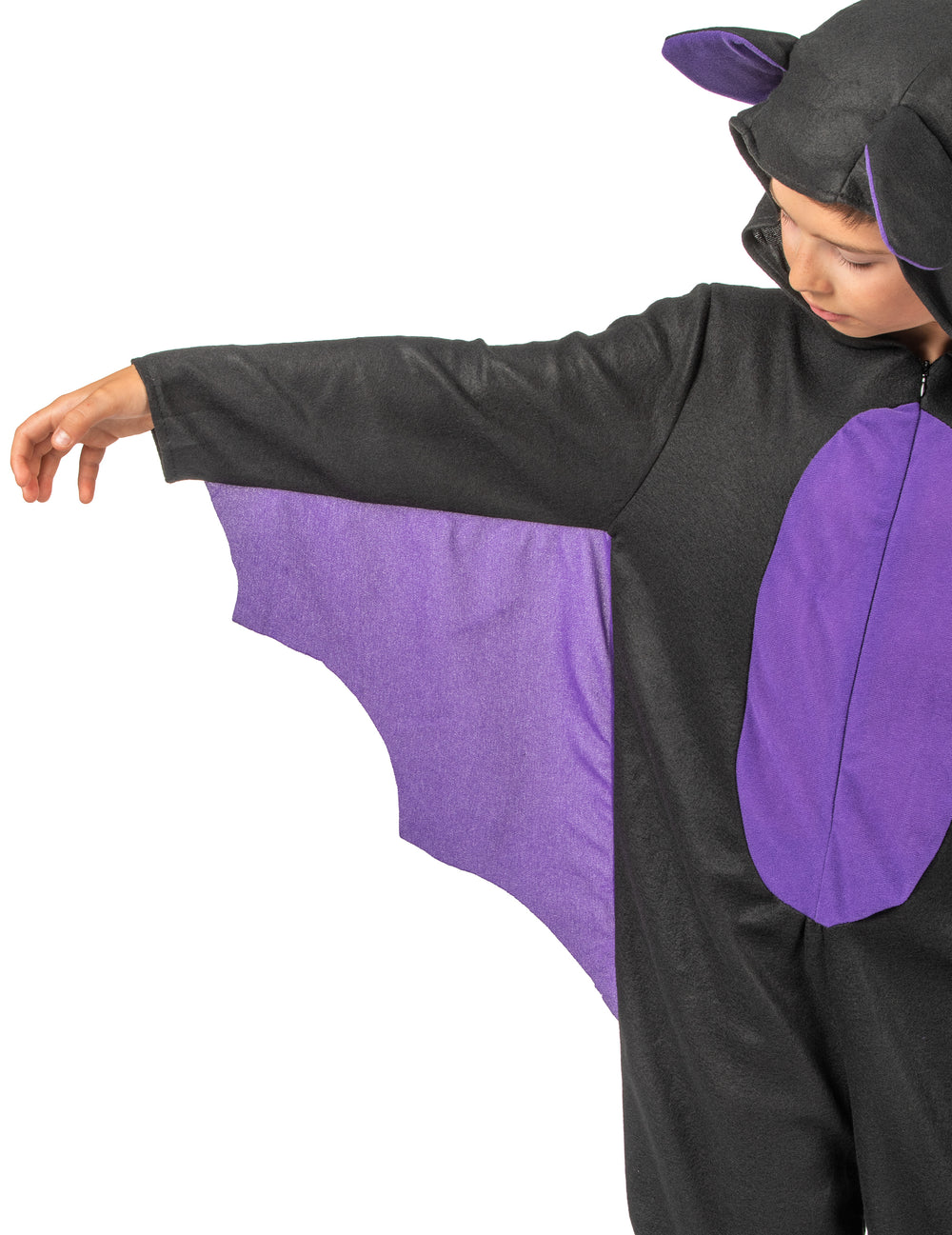 Détail de l'aile violette sous le bras du déguisement combinaison chauve-souris