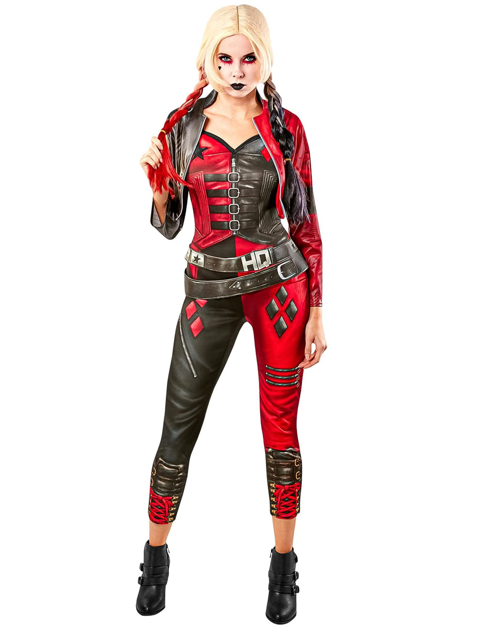 Pogled od spredaj na ženski kostum kombinezon Harley Quinn Suicide squad 2