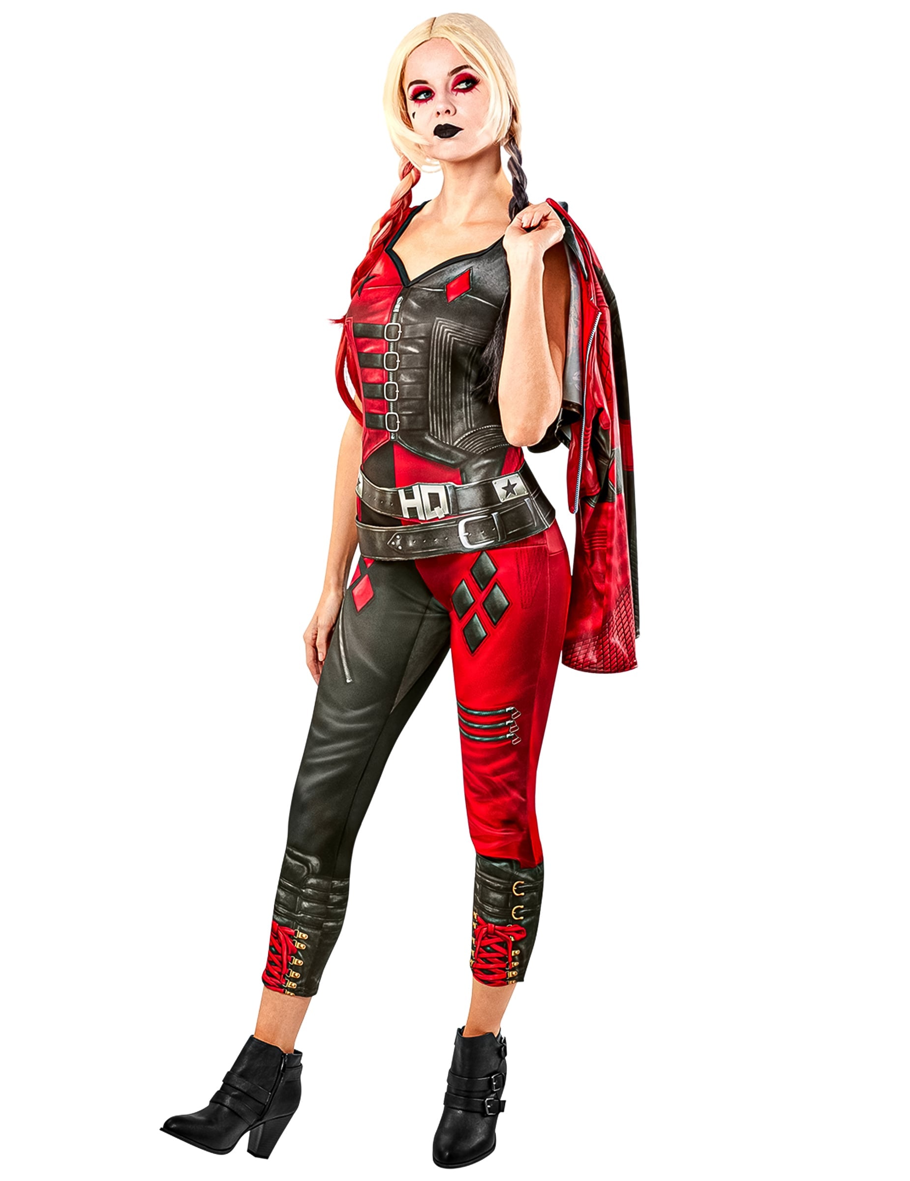 Vue de trois-quarts avec veste du déguisement combinaison Harley Quinn Suicide Squad 2
