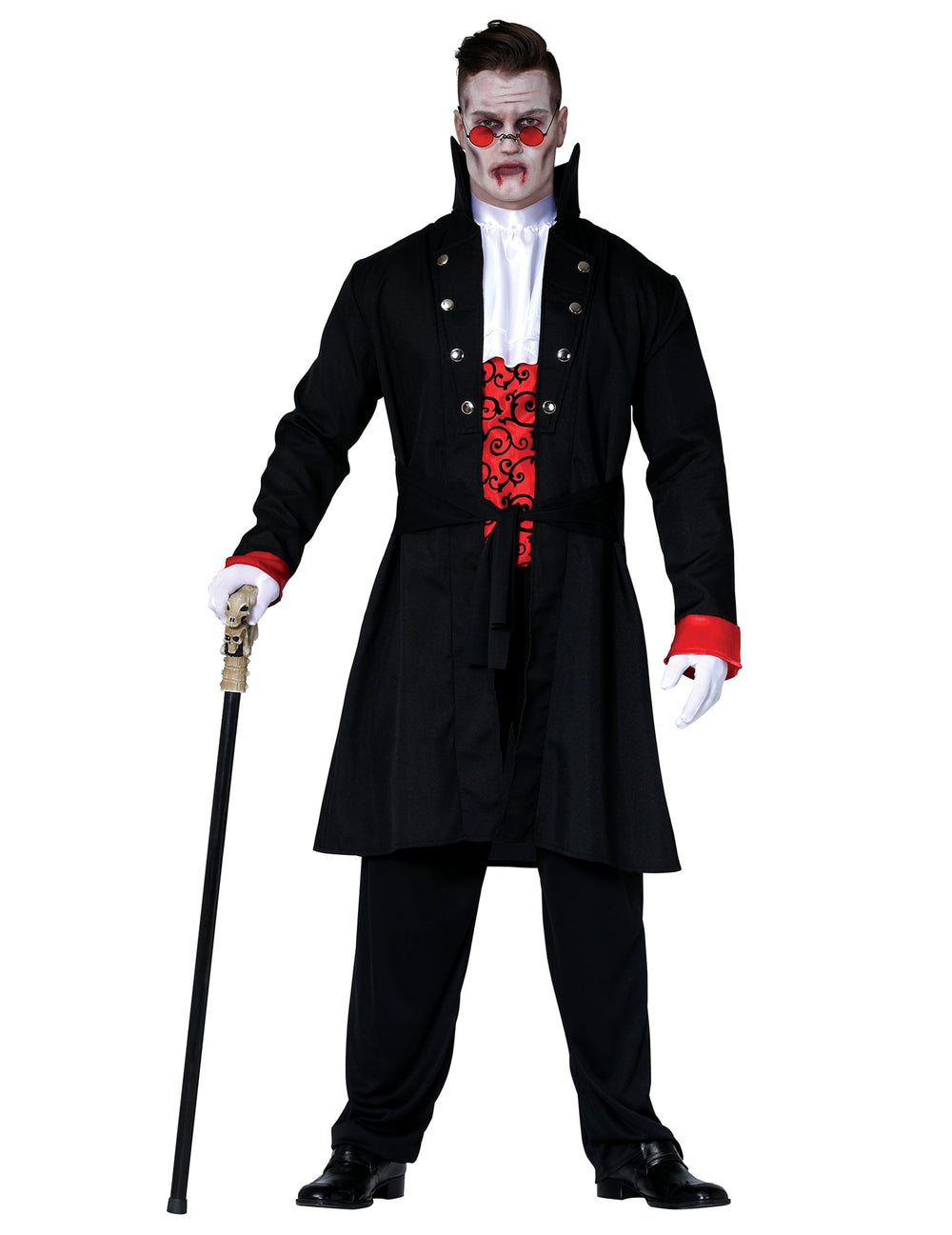 Déguisement de comte vampire pour adolescent noir et rouge avec jabot blanc