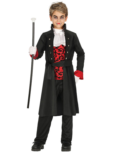 Déguisement comte vampire pour garçon noir et rouge avec gilet à motifs