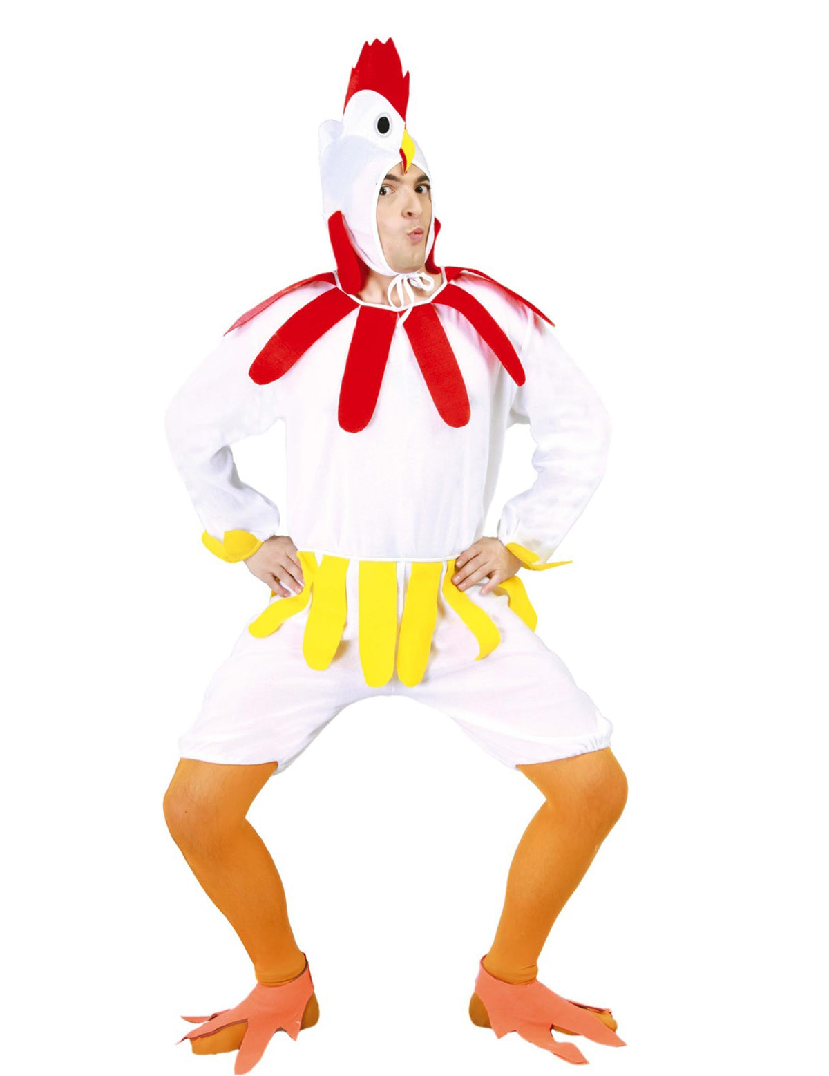 Déguisement de coq pour adulte blanc avec crête rouge et pattes orange