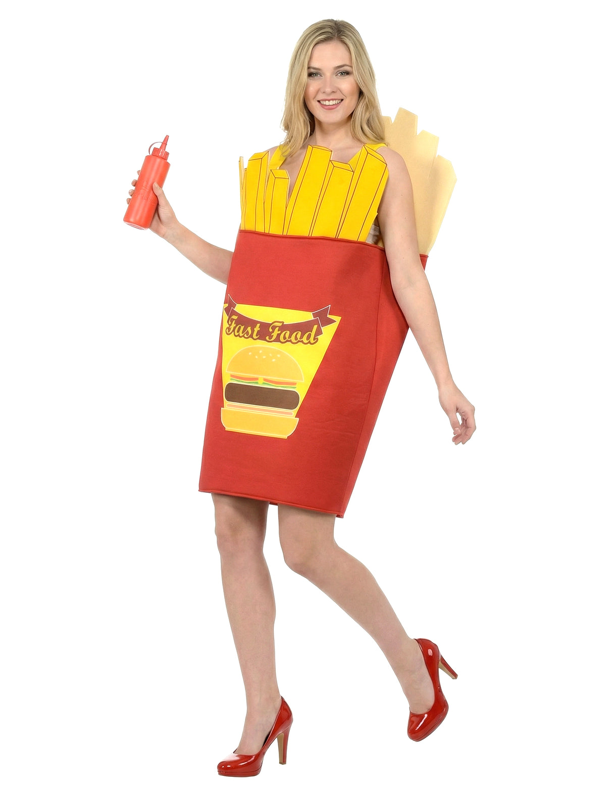 Déguisement de cornet de frites pour adulte rouge et jaune avec imprimé burger