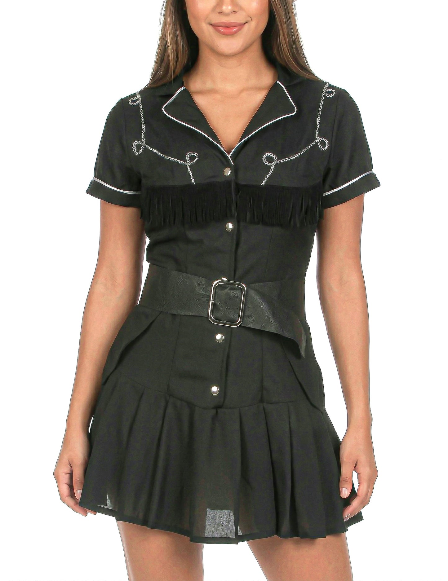 Gros plan sur le buste et les franges du déguisement cow girl pour femme robe noire