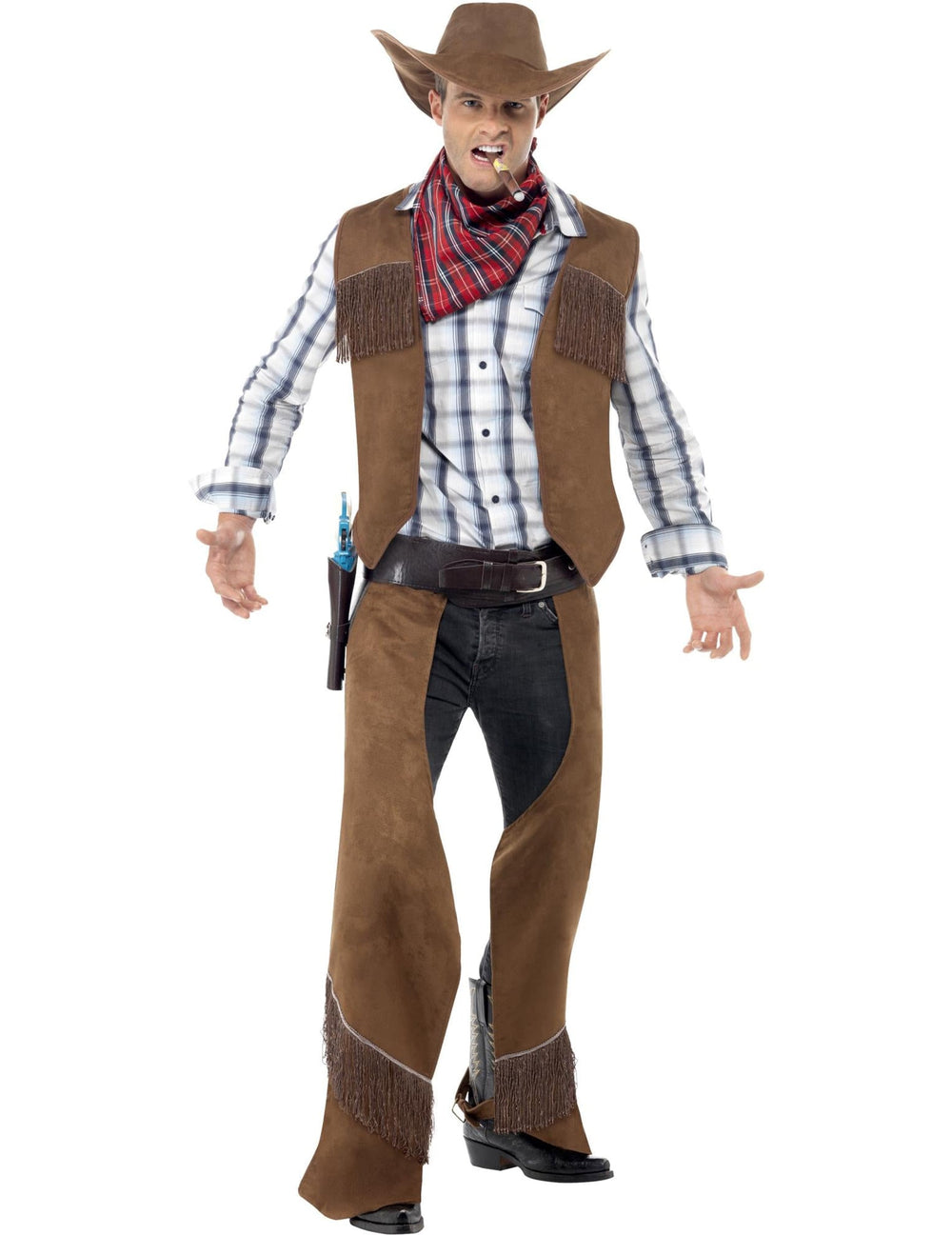 Vue de face du déguisement cowboy à franges pour homme
