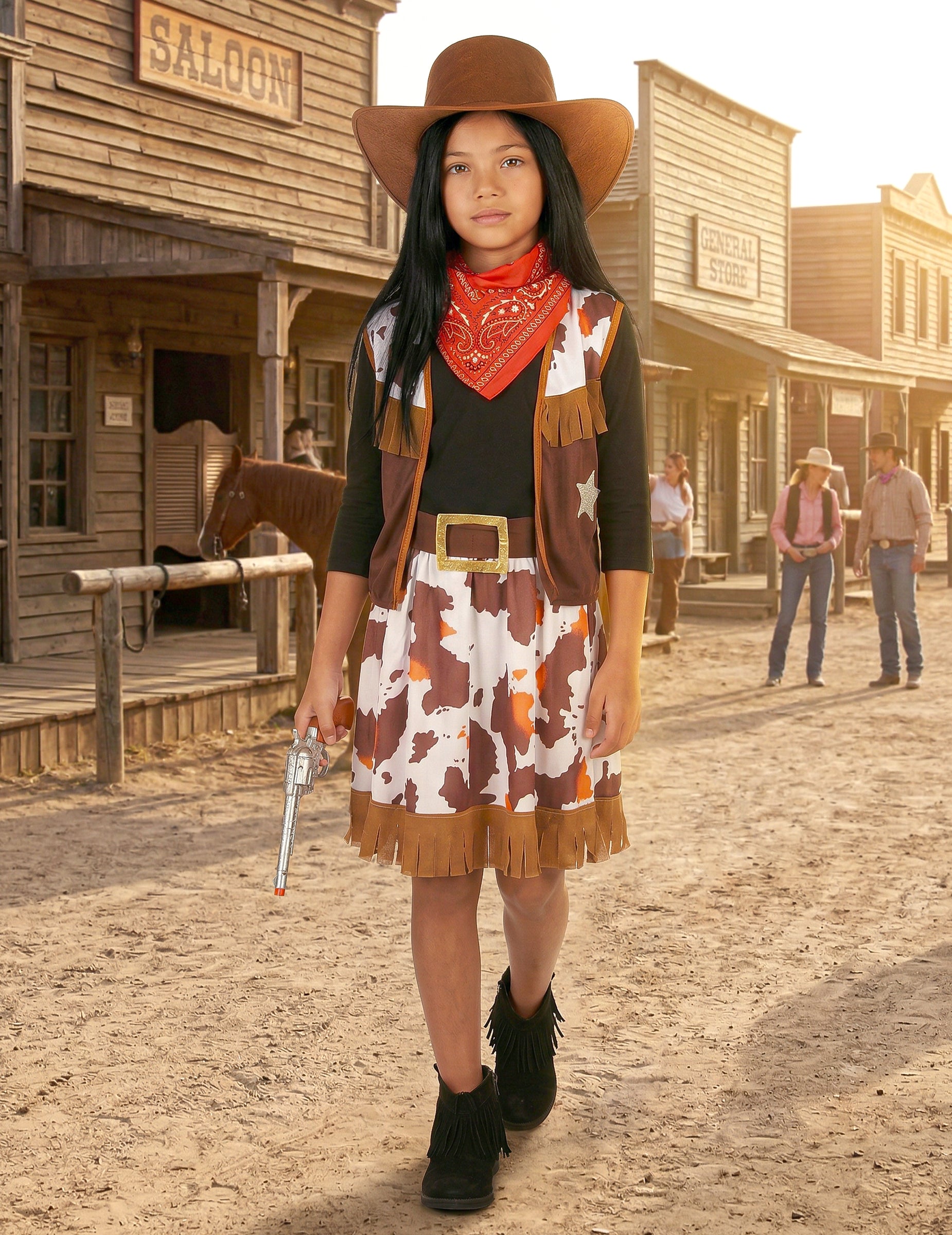 Mise en situation de face dans un décor western du déguisement cowboy de l'ouest