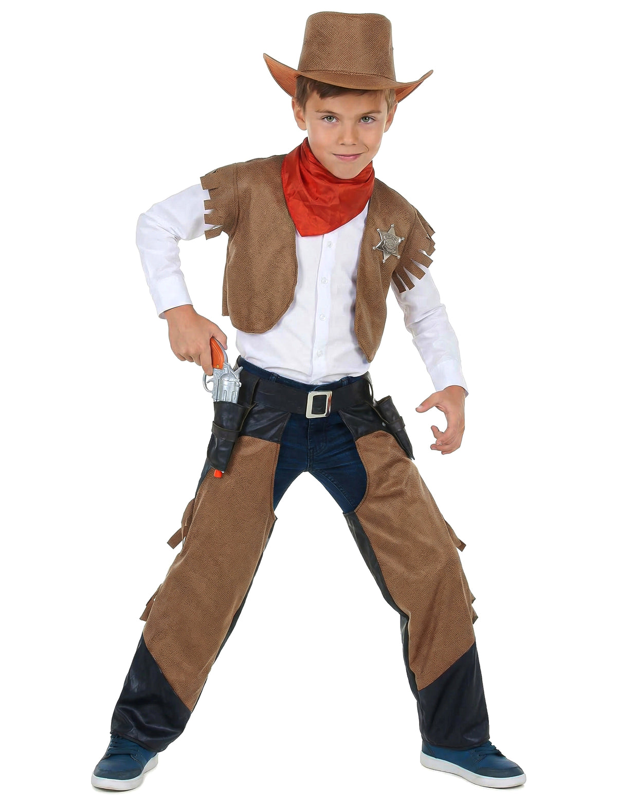 Vue de face du déguisement de cowboy pour garçon marron
