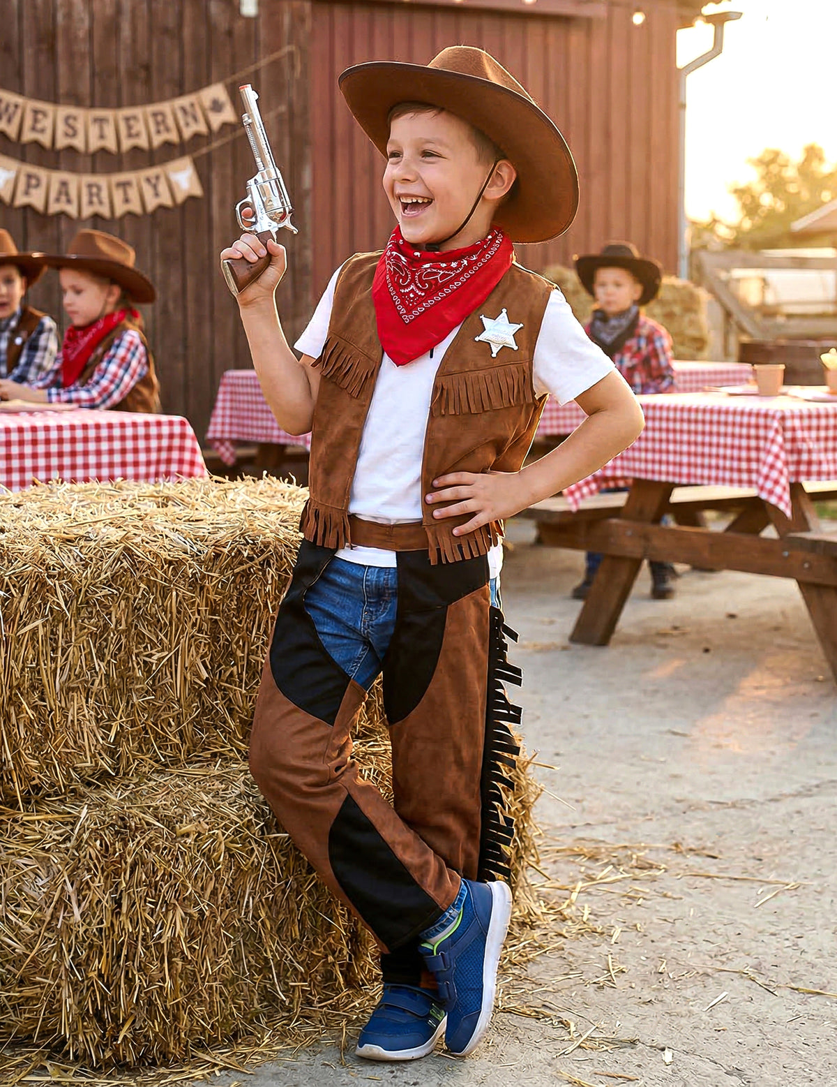 Mise en situation du déguisement de cowboy pour garçon marron