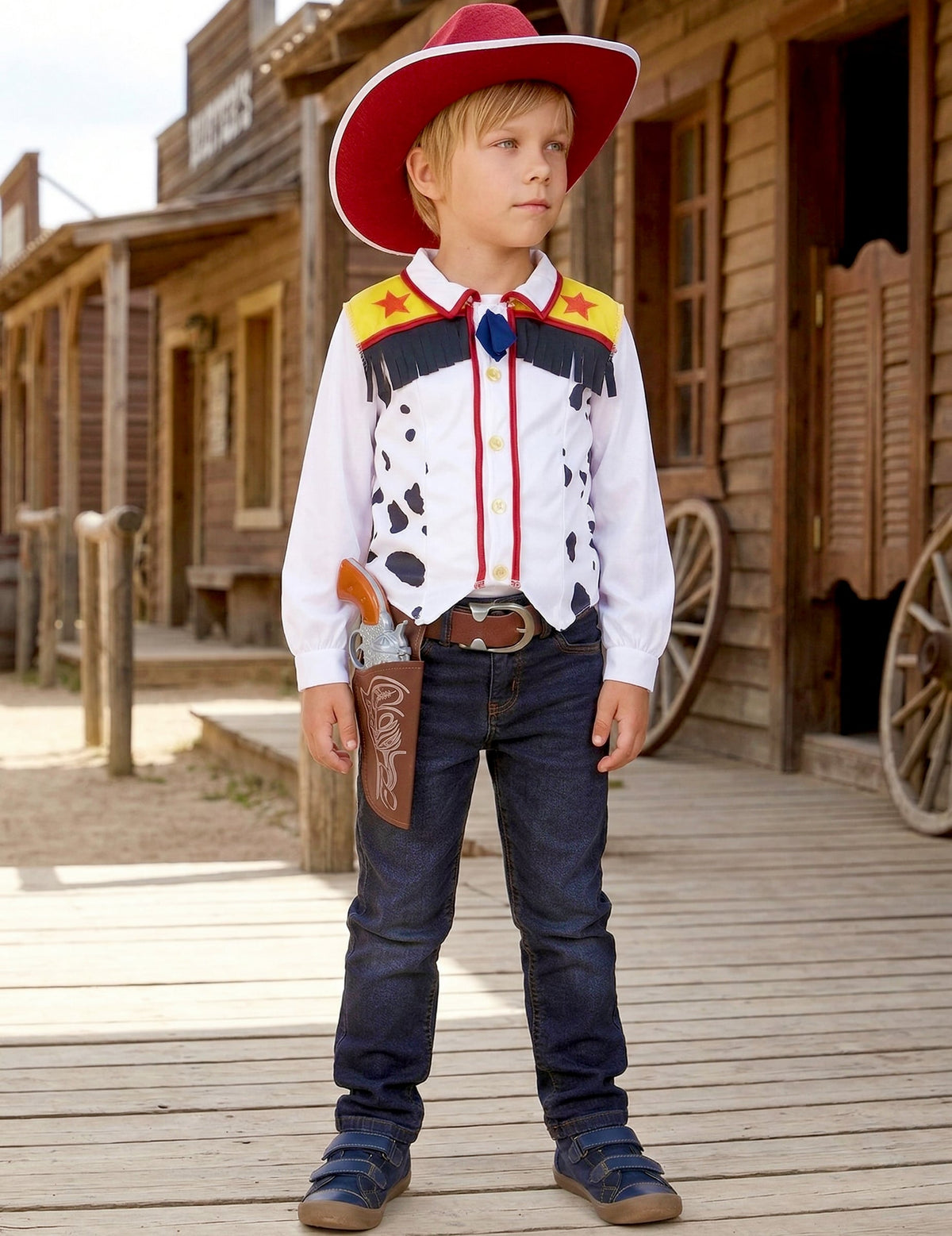 Mise en situation dans un décor western du déguisement cowboy pour garçon