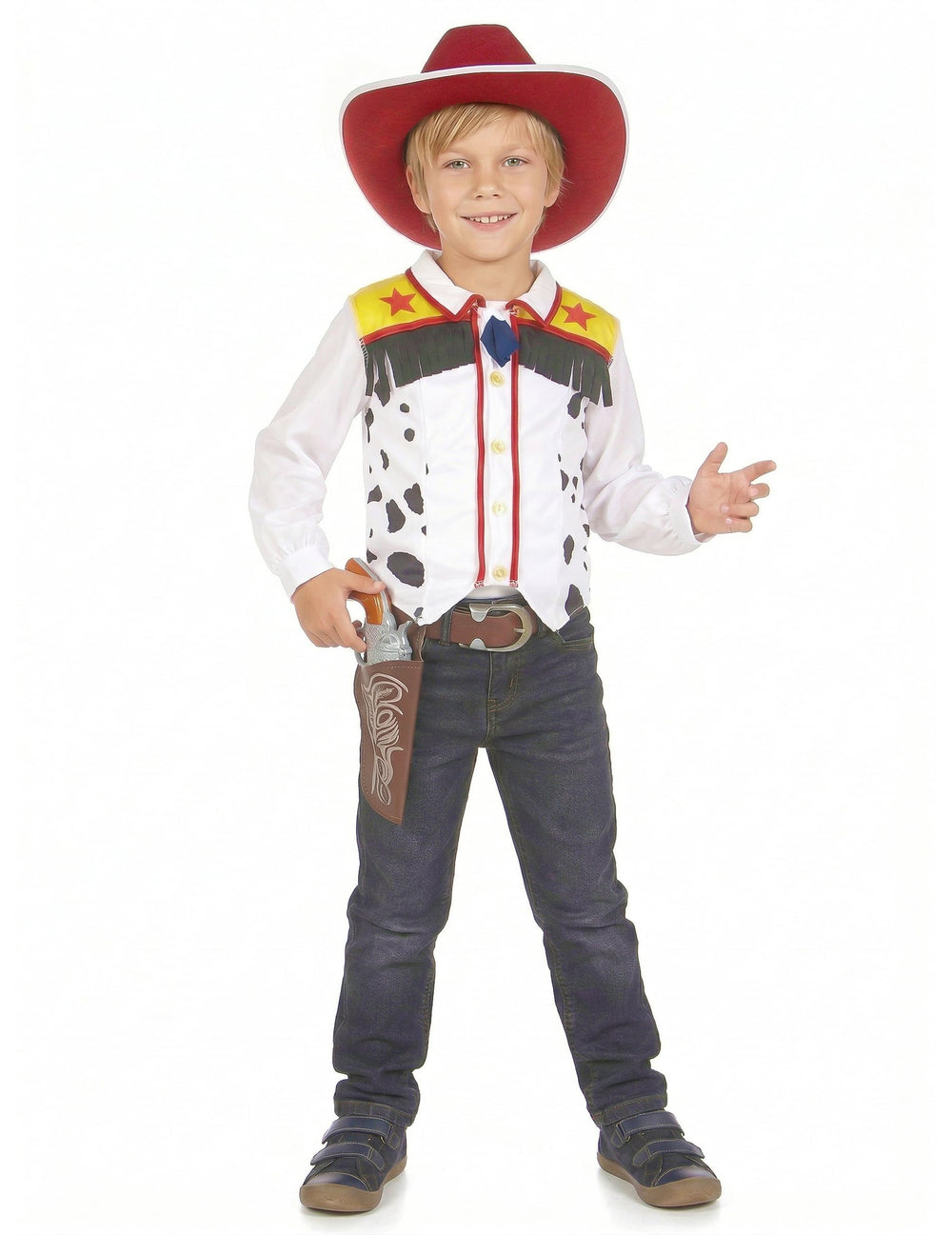 Déguisement cowboy pour garçon blanc à taches noires avec gilet à franges et chapeau rouge