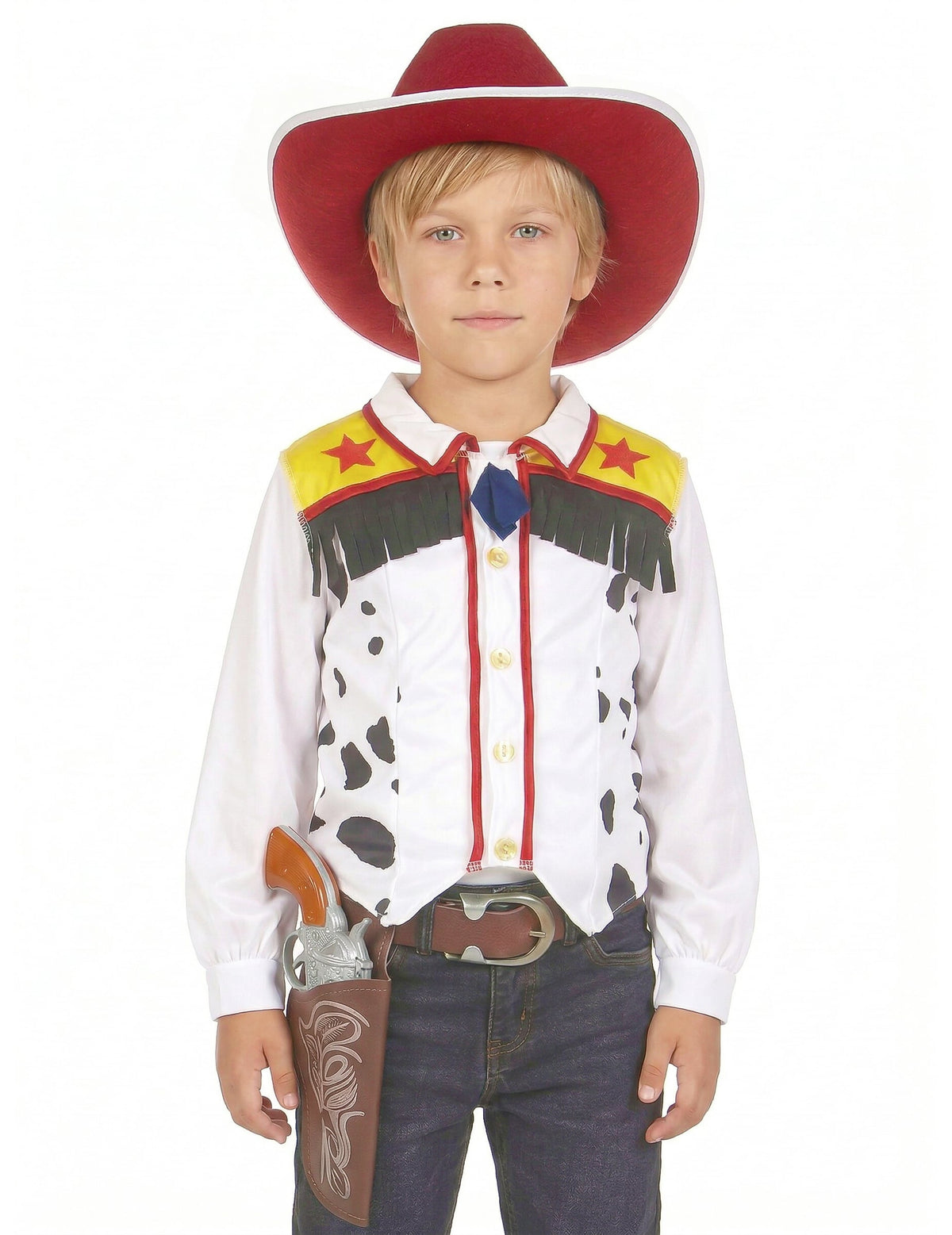 Gros plan sur le gilet et le chapeau du déguisement cowboy pour garçon