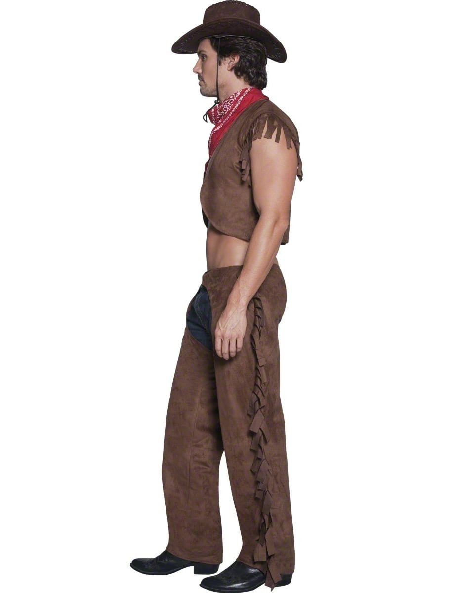 Déguisement de cowboy sexy pour homme marron avec franges et bandana rouge