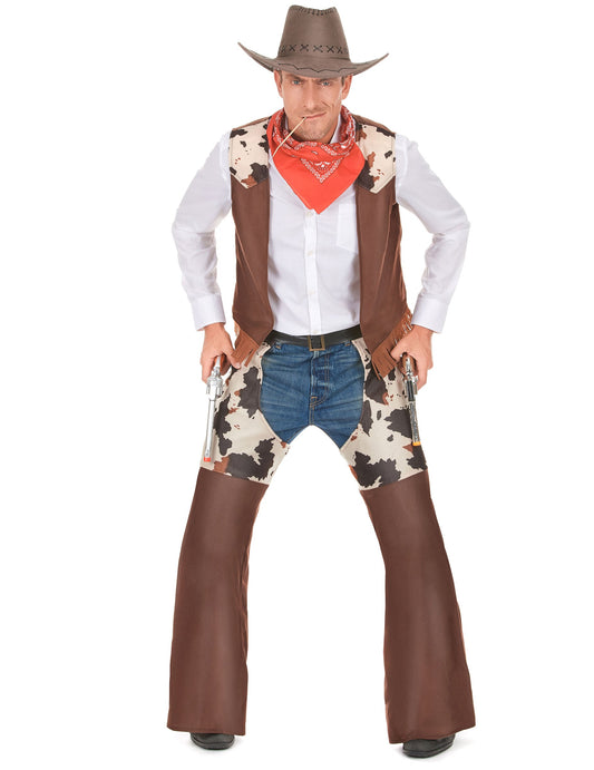 Déguisement cowboy de l'ouest pour homme marron et blanc à motifs vache