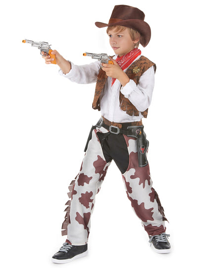 Vue de trois-quarts avec pistolets factices du déguisement cowboy luxe pour garçon