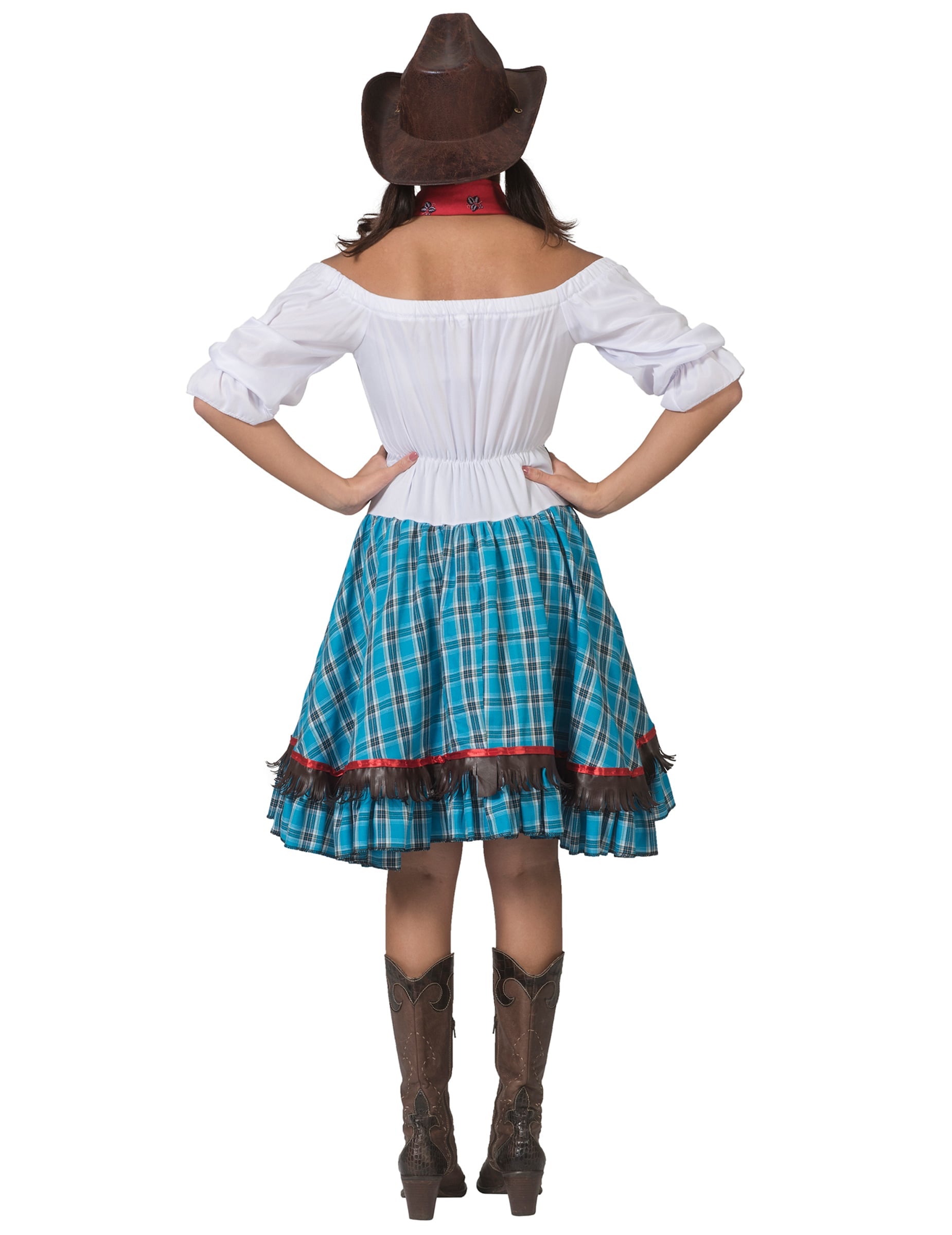 Vue de dos du déguisement cowgirl à carreaux bleus