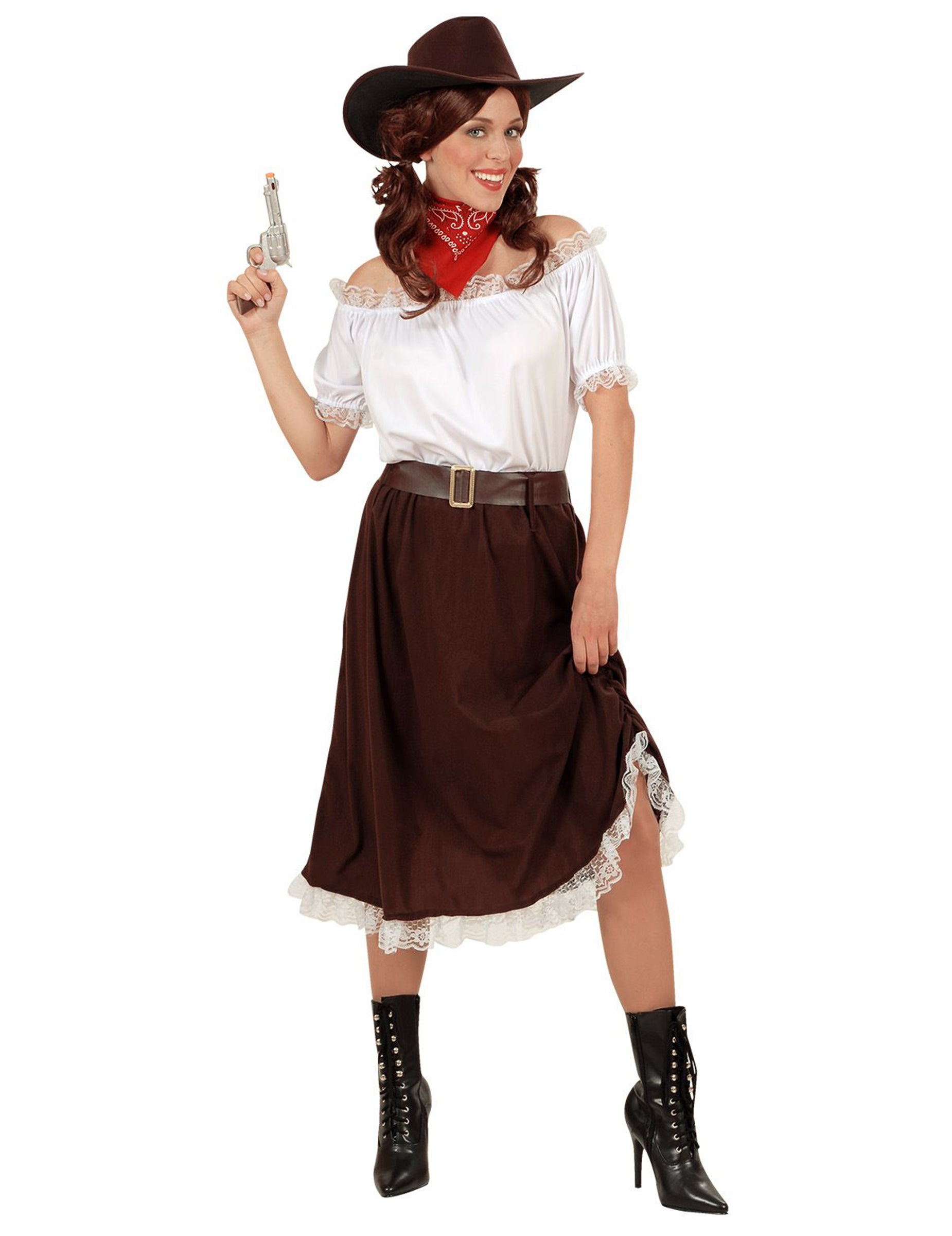 Déguisement de cowgirl pour femme blanc et marron avec chapeau et bandana rouge