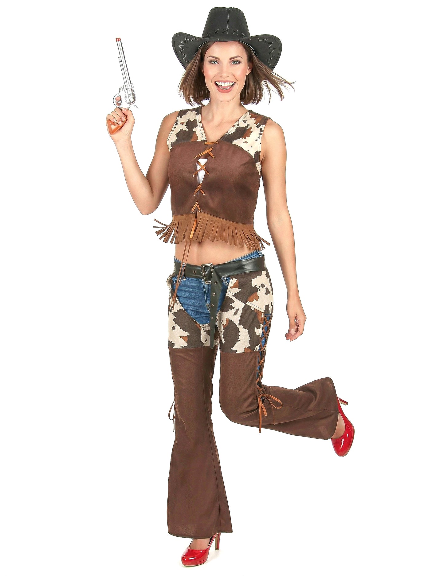 Vue de face avec pistolet du déguisement cowgirl pantalon