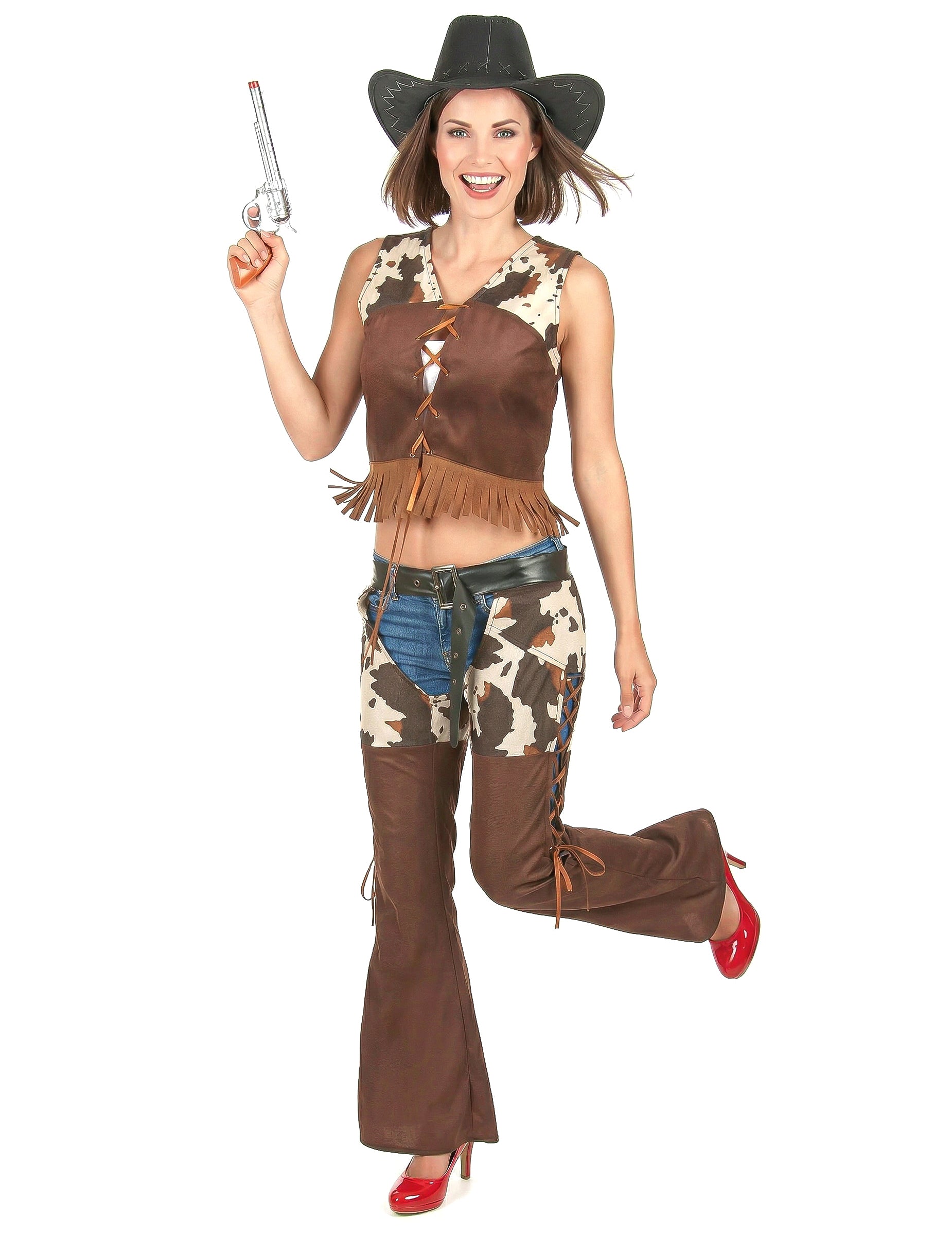 Vue de face avec pistolet du déguisement cowgirl pantalon