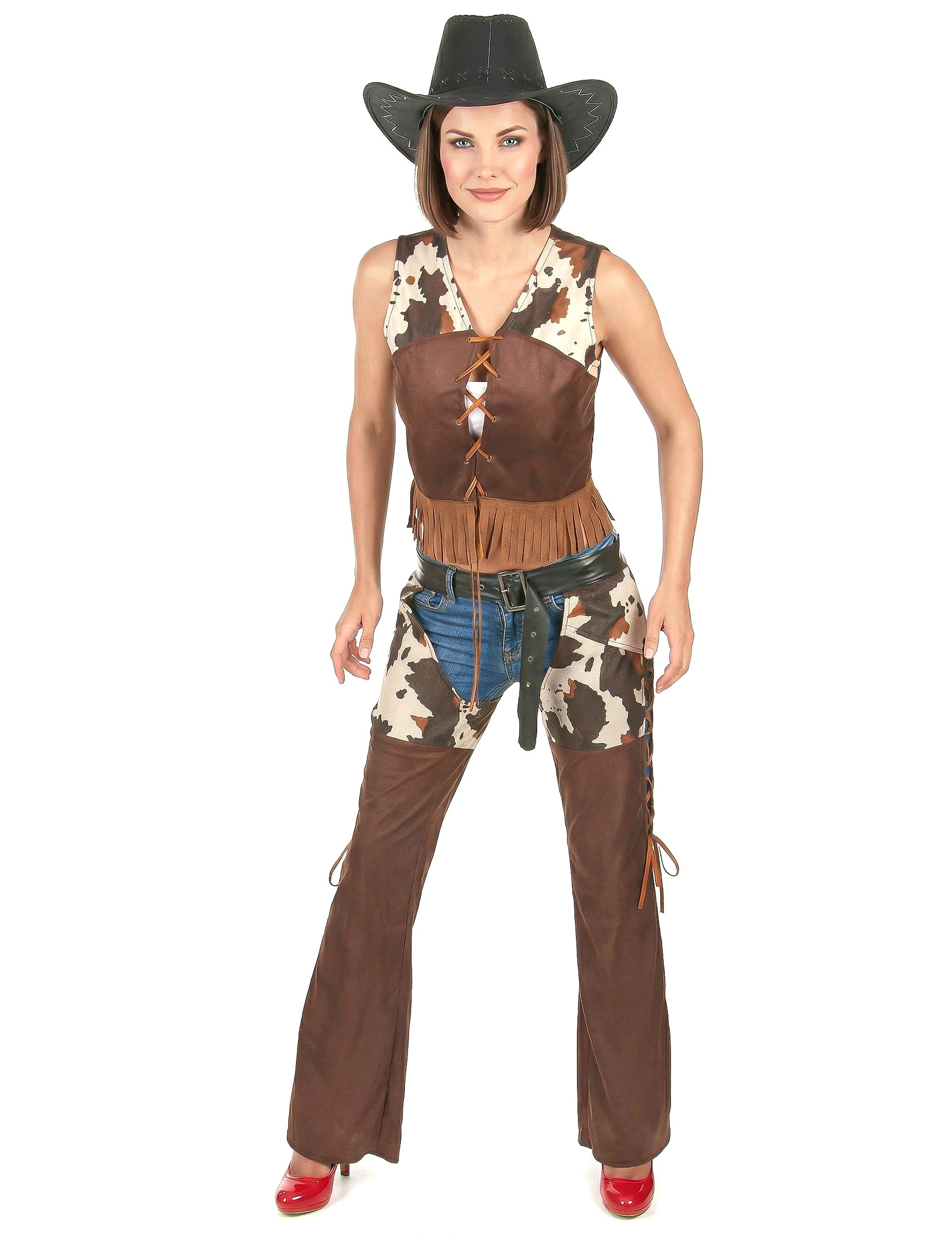 Vue de face du déguisement cowgirl pantalon