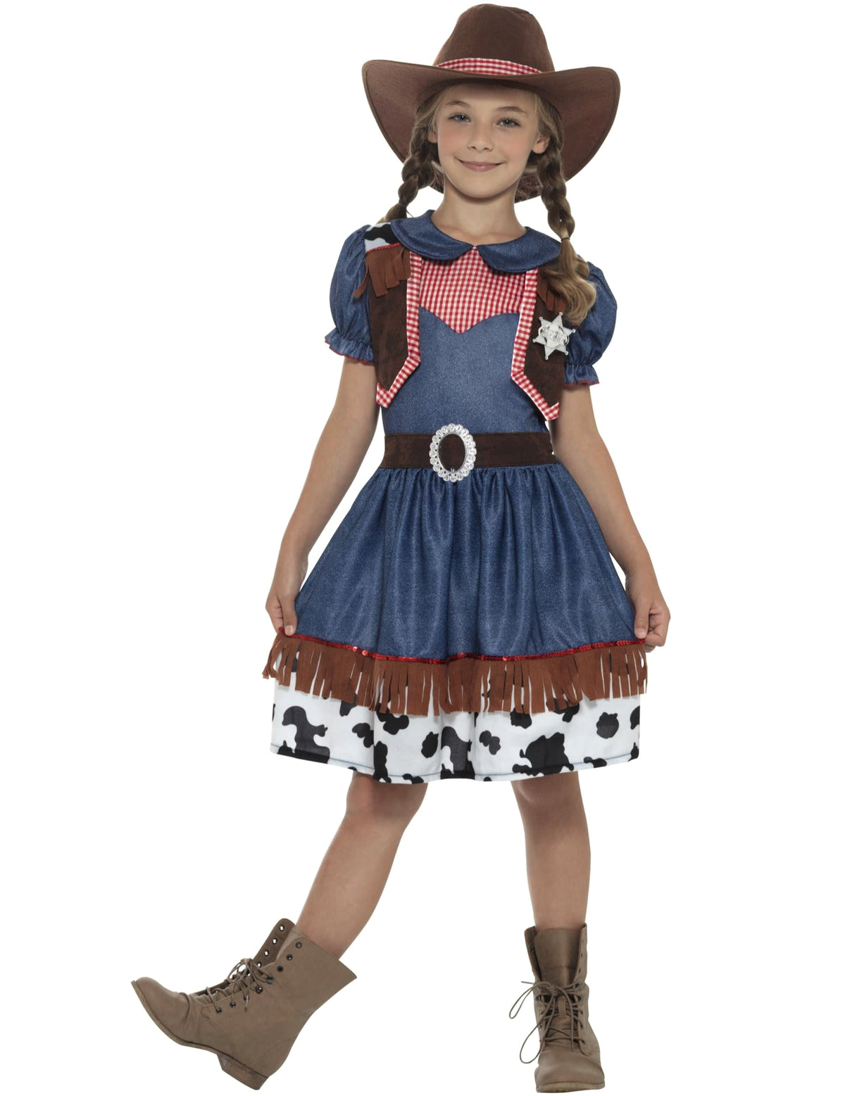 Déguisement cowgirl texane pour fille bleu et rouge avec imprimé vache et chapeau