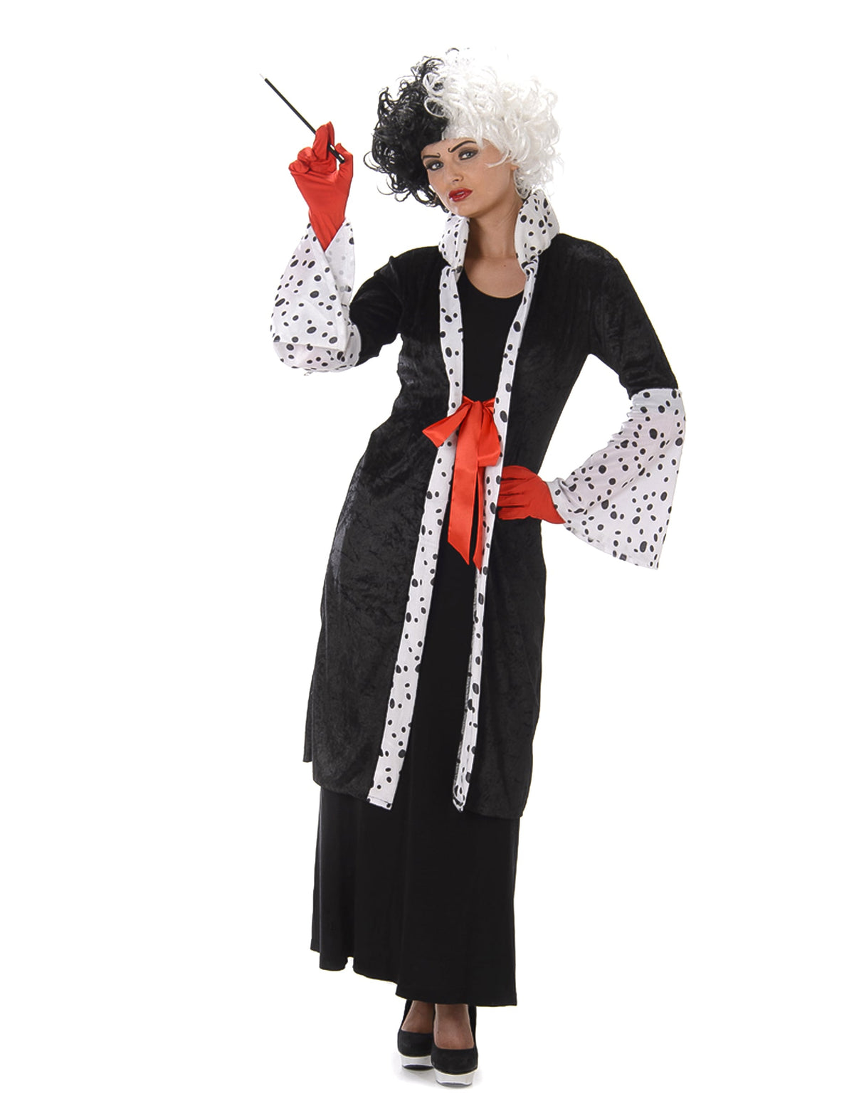 Déguisement de cruelle pour femme noir et blanc avec gants rouges et imprimé dalmatien
