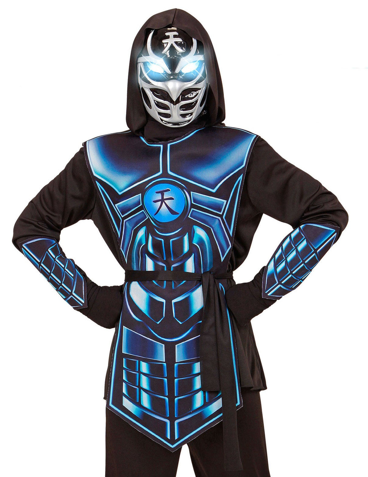 Gros plan sur le masque lumineux du déguisement de cyber ninja lumineux et sonore