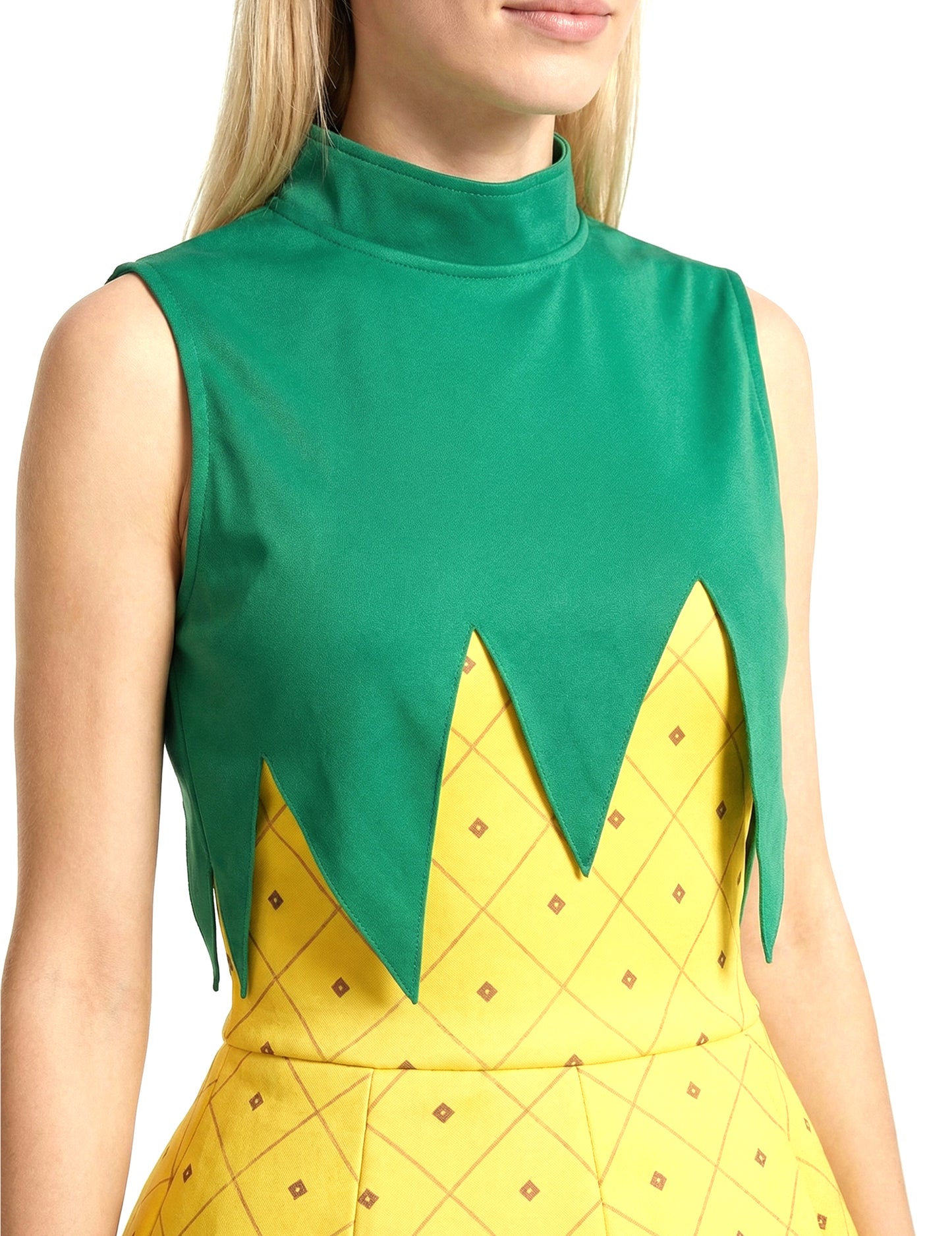 Détail du col et du buste du déguisement d'ananas pour femme