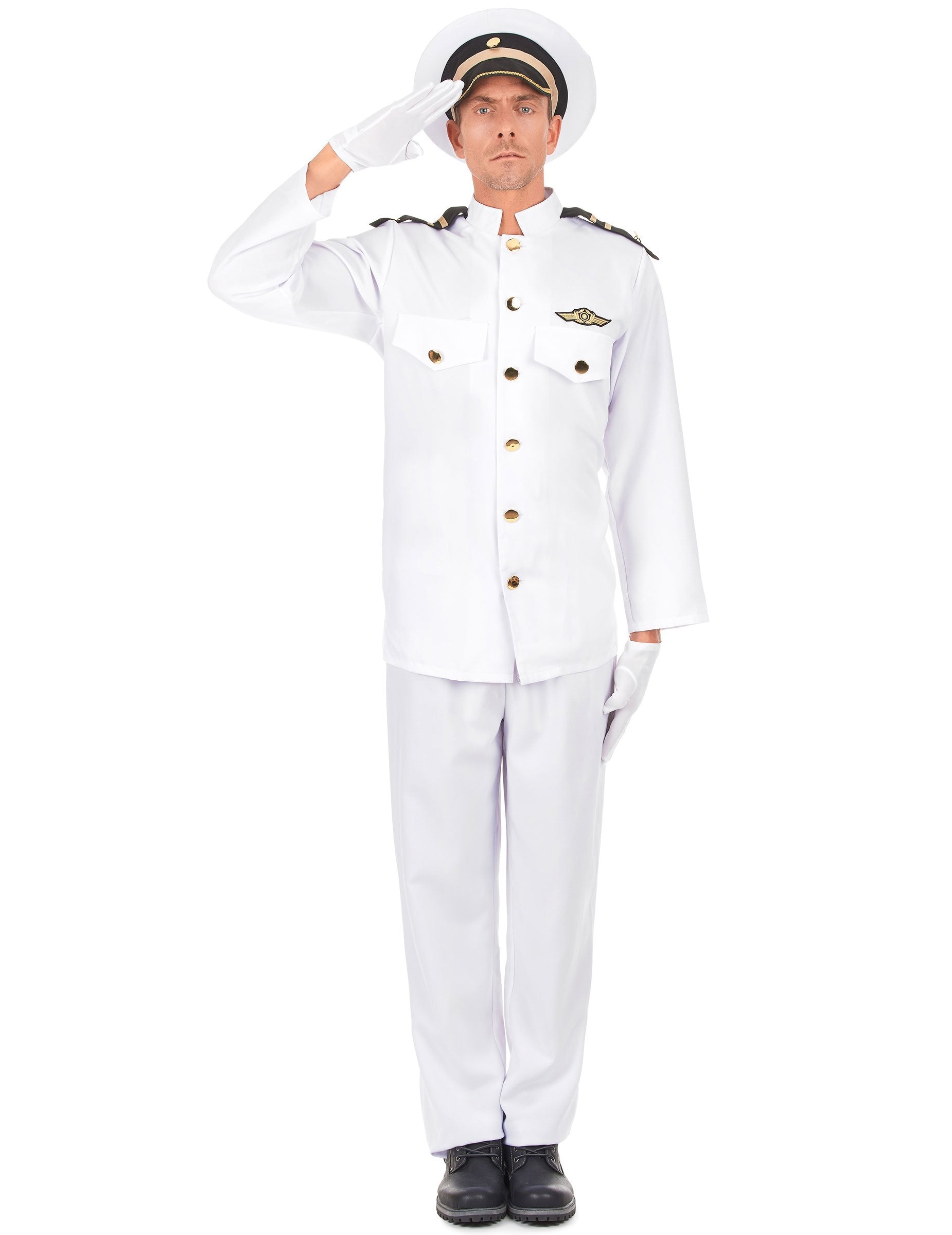 Déguisement uniforme d'officier de la marine pour homme blanc avec casquette et gants