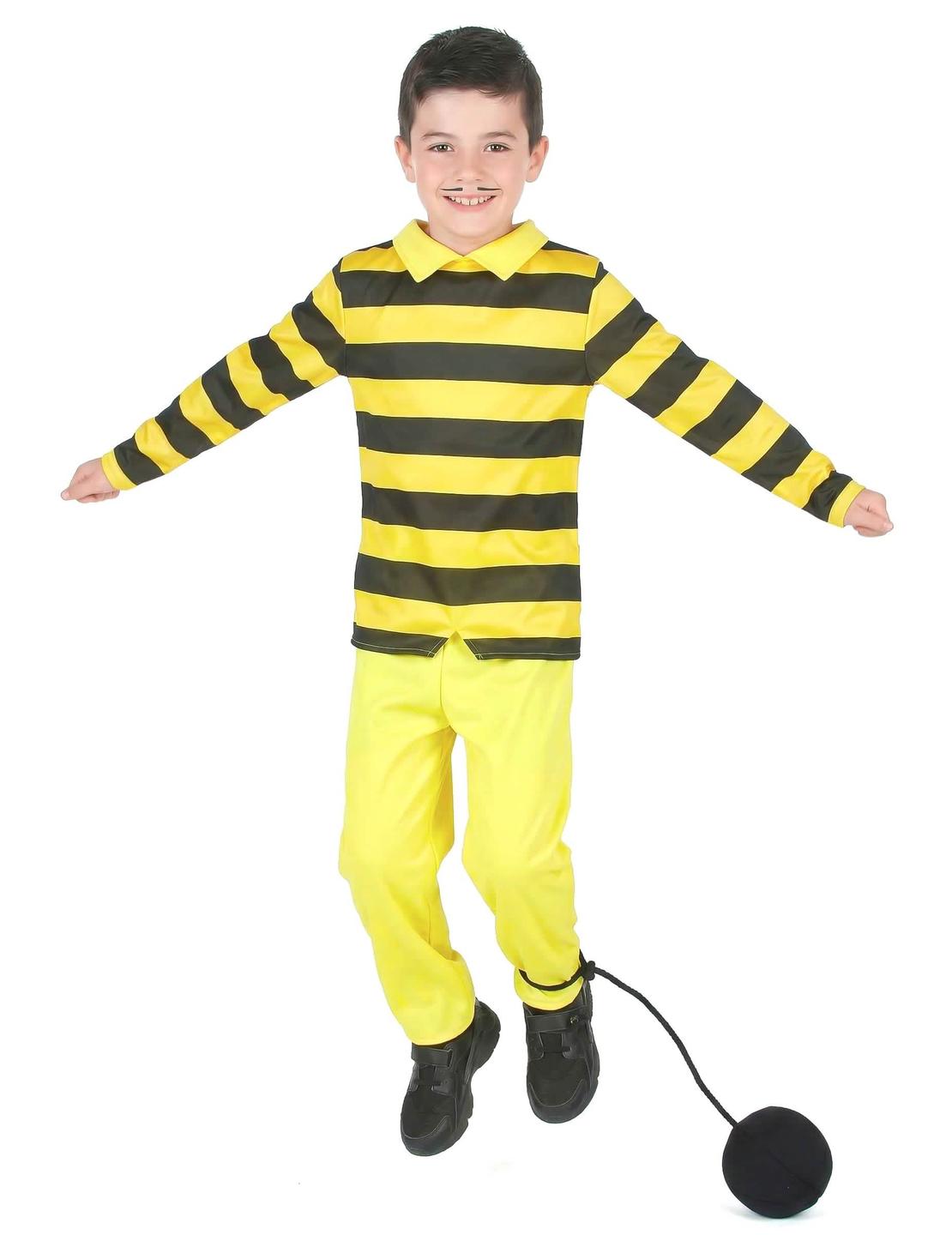 Pogled od spredaj z okroglim železom na nogi kostuma Dalton Lucky Luke za otrok