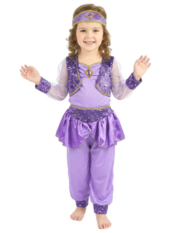 Déguisement de danseuse orientale pour fille violet avec bandeau et dorures