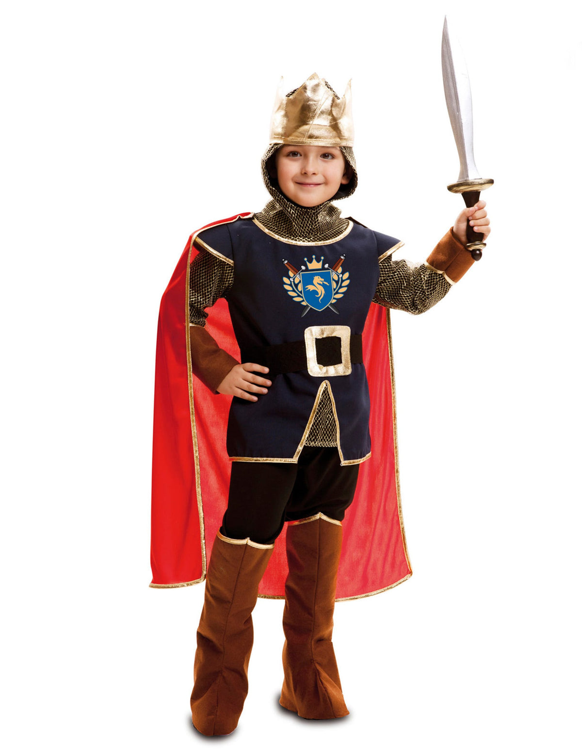 Déguisement de chevalier vaillant pour garçon bleu et rouge avec cape et couronne