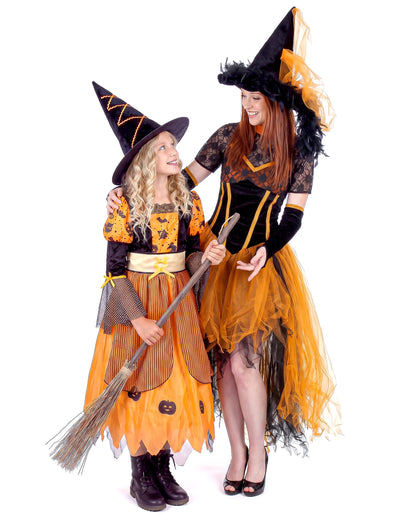 Kostum duo oranžna čarovnica mama in hči Halloween