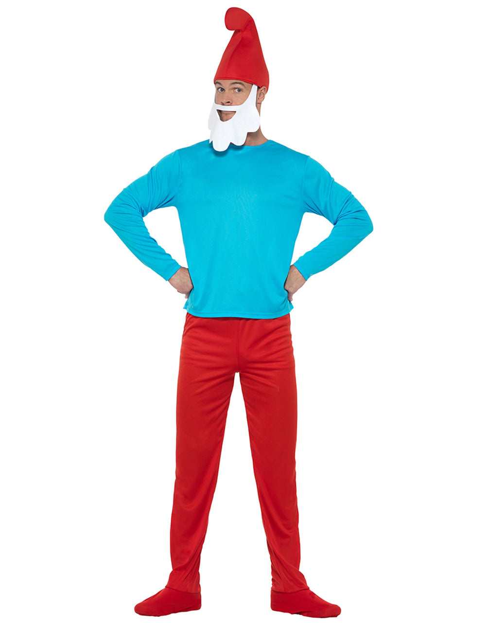Déguisement de Grand Schtroumpf pour adulte bleu et rouge avec barbe blanche