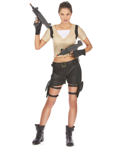 Déguisement de guerrière sexy pour femme beige et noir avec holsters et pistolets factices