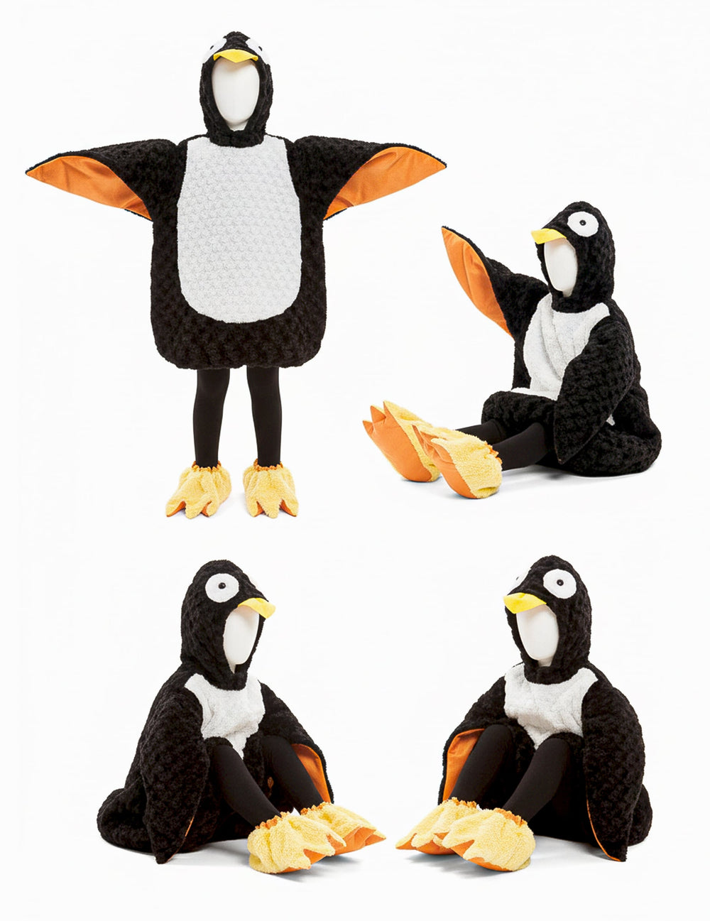 Différentes vues du déguisement de pingouin peluche pour enfant