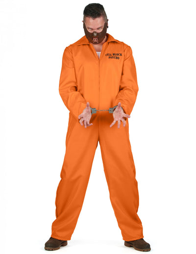 Déguisement de prisonnier cannibale pour homme orange avec masque et menottes
