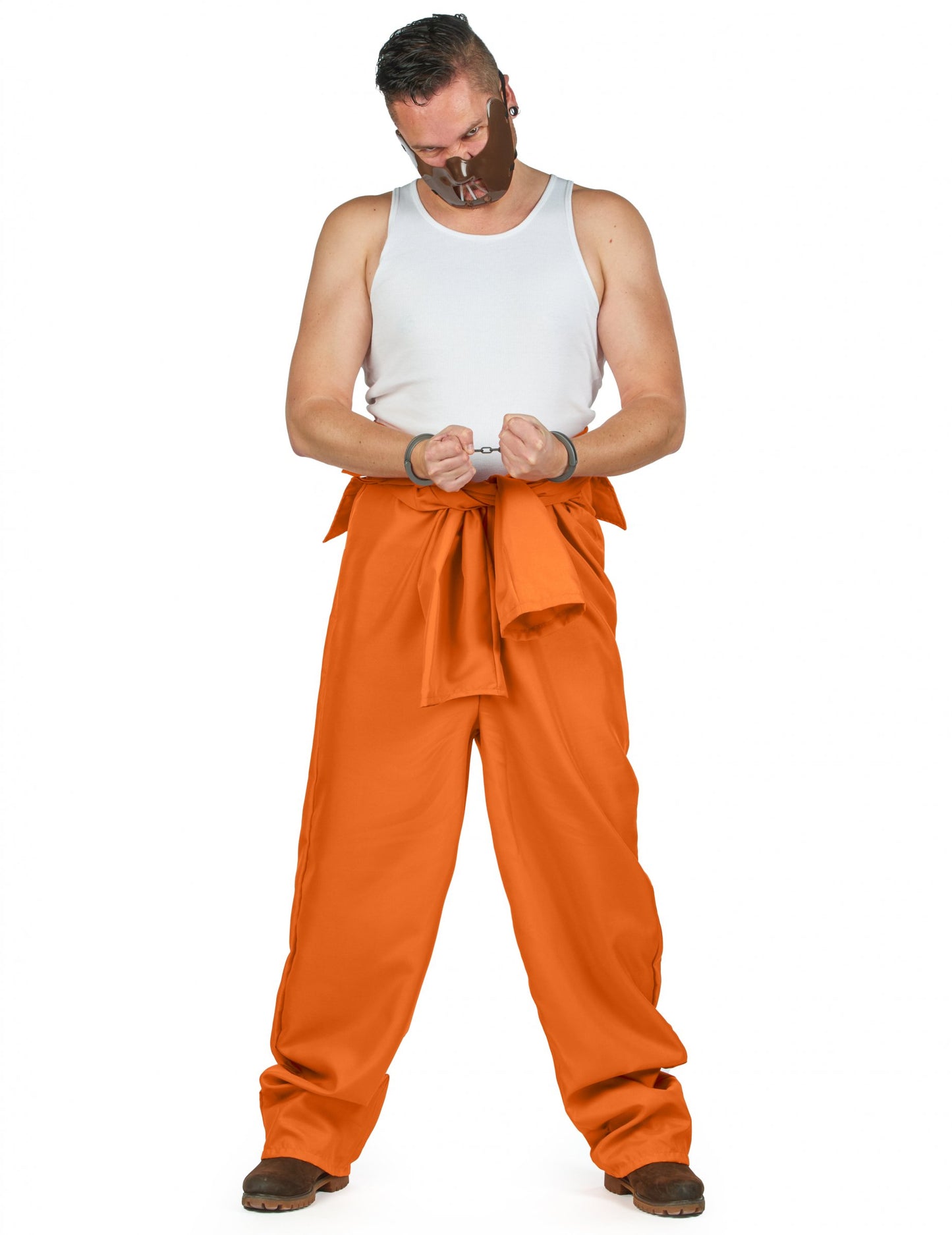 Détail du masque et des menottes du déguisement de prisonnier cannibale pour homme