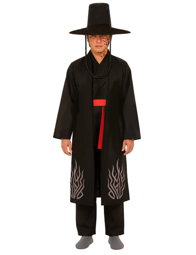Déguisement de démon possédé pour adulte noir avec ceinture rouge et chapeau