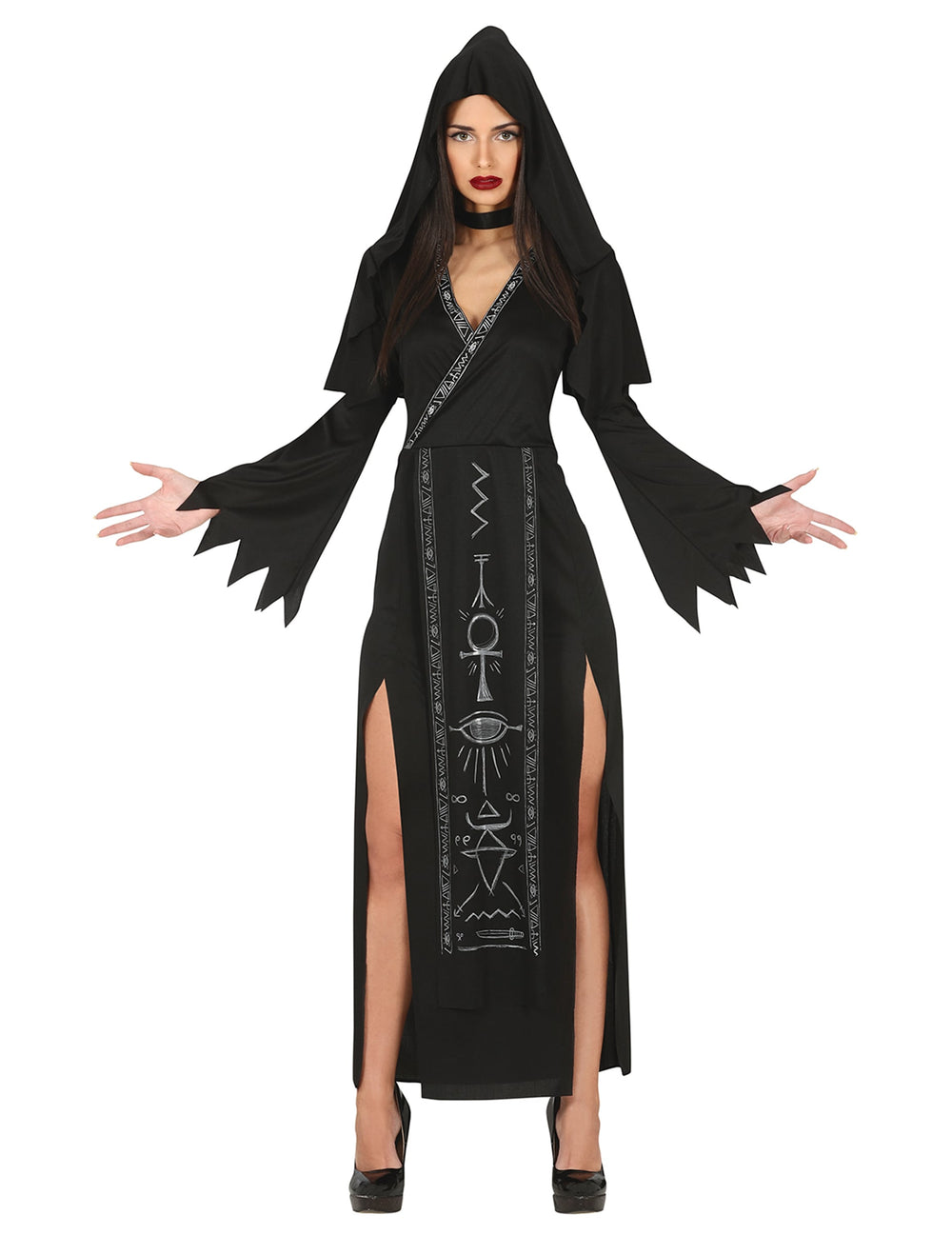 Déguisement démon satanique pour femme noir avec symboles occultes et capuche