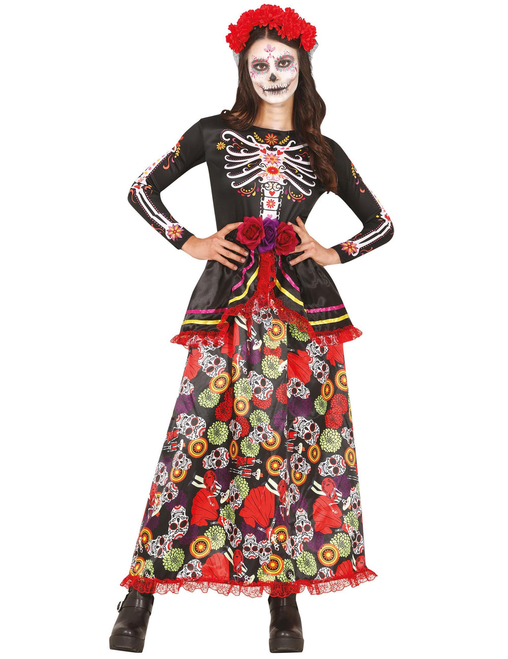 Déguisement Dia de los muertos pour femme coloré à motifs squelette et fleurs