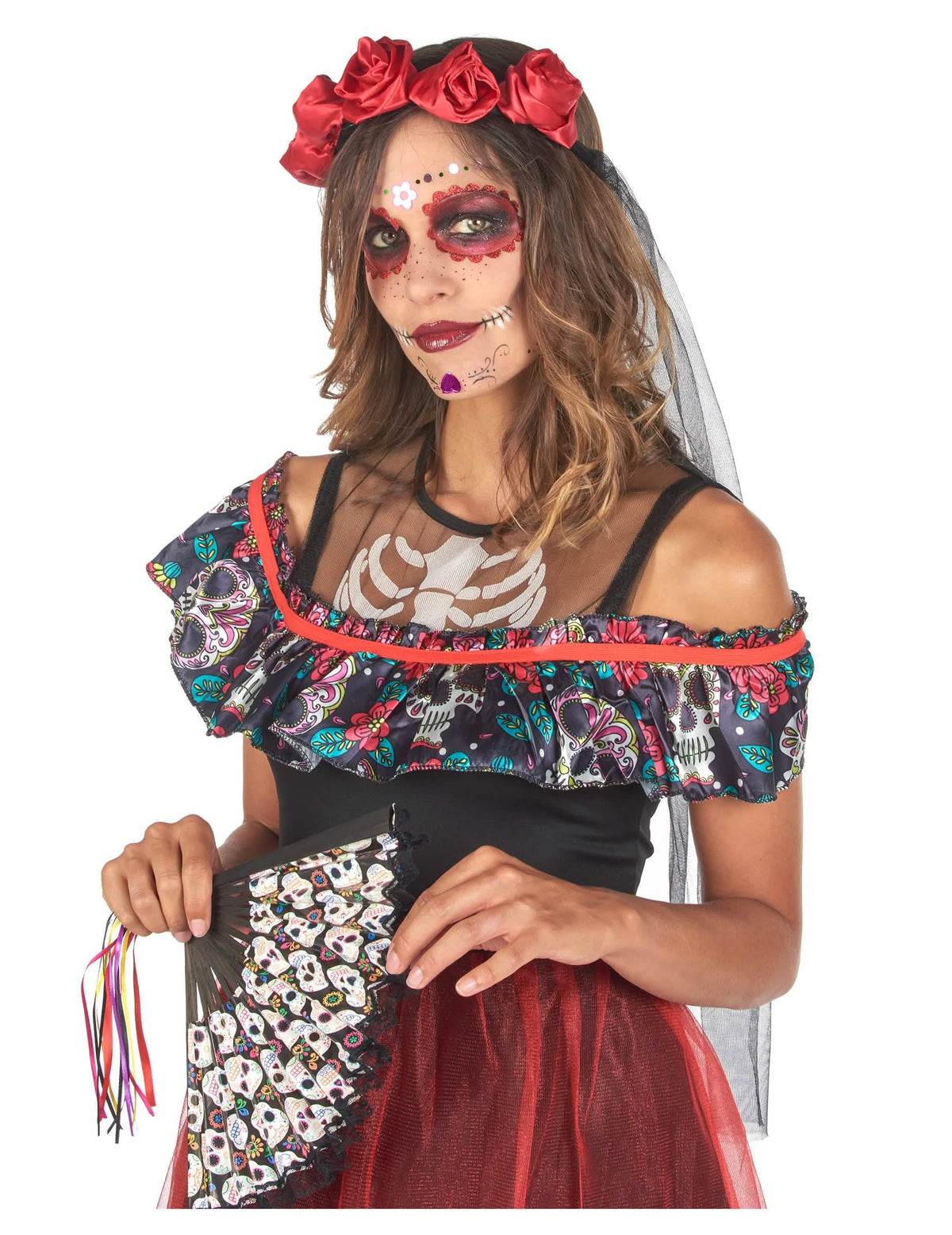 Ventilator z vzorcem lobanj za ženski kostum Dia de los Muertos